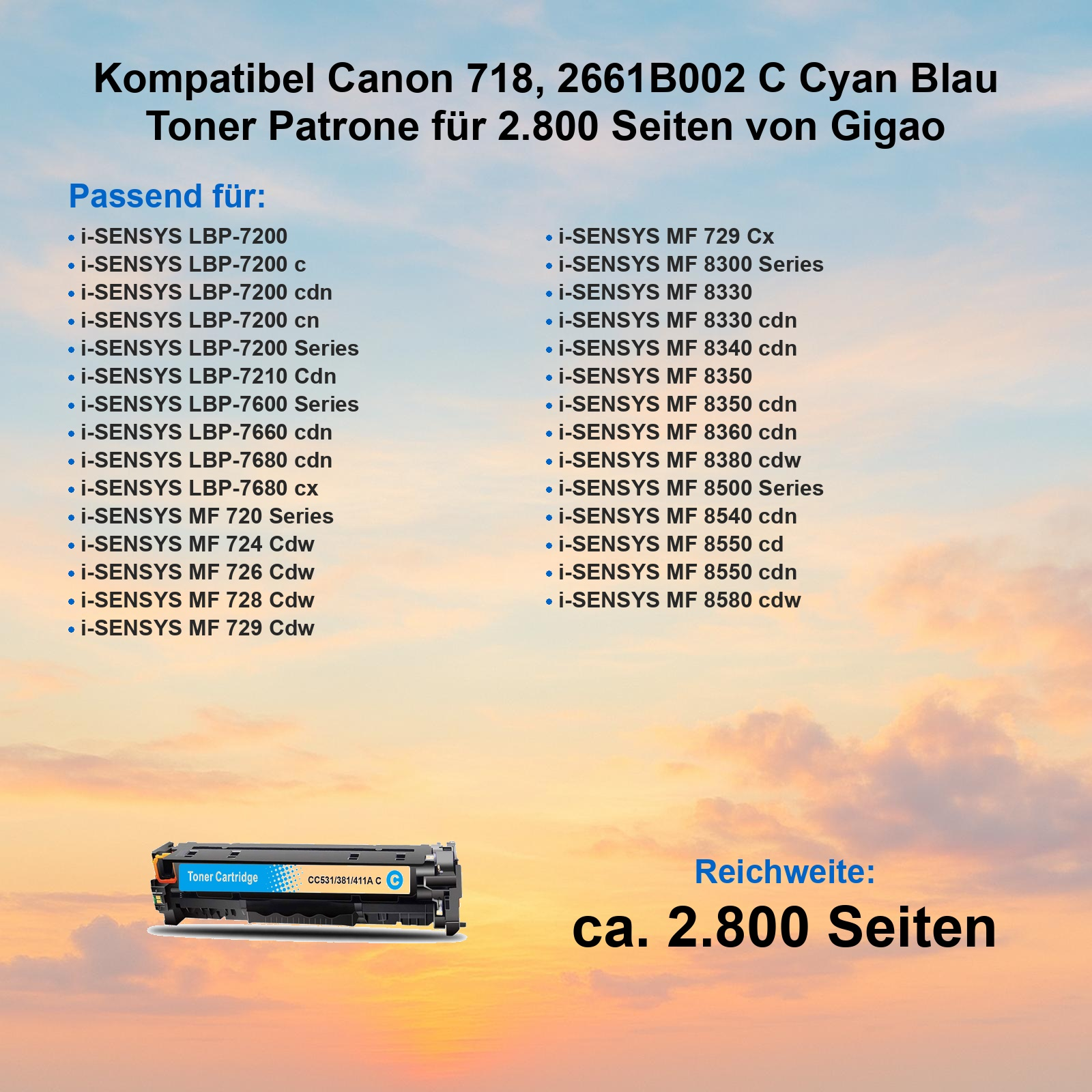 Cyan-Tonerpatrone für Canon mit Kompatibilitätsliste und Wolkenhintergrund.