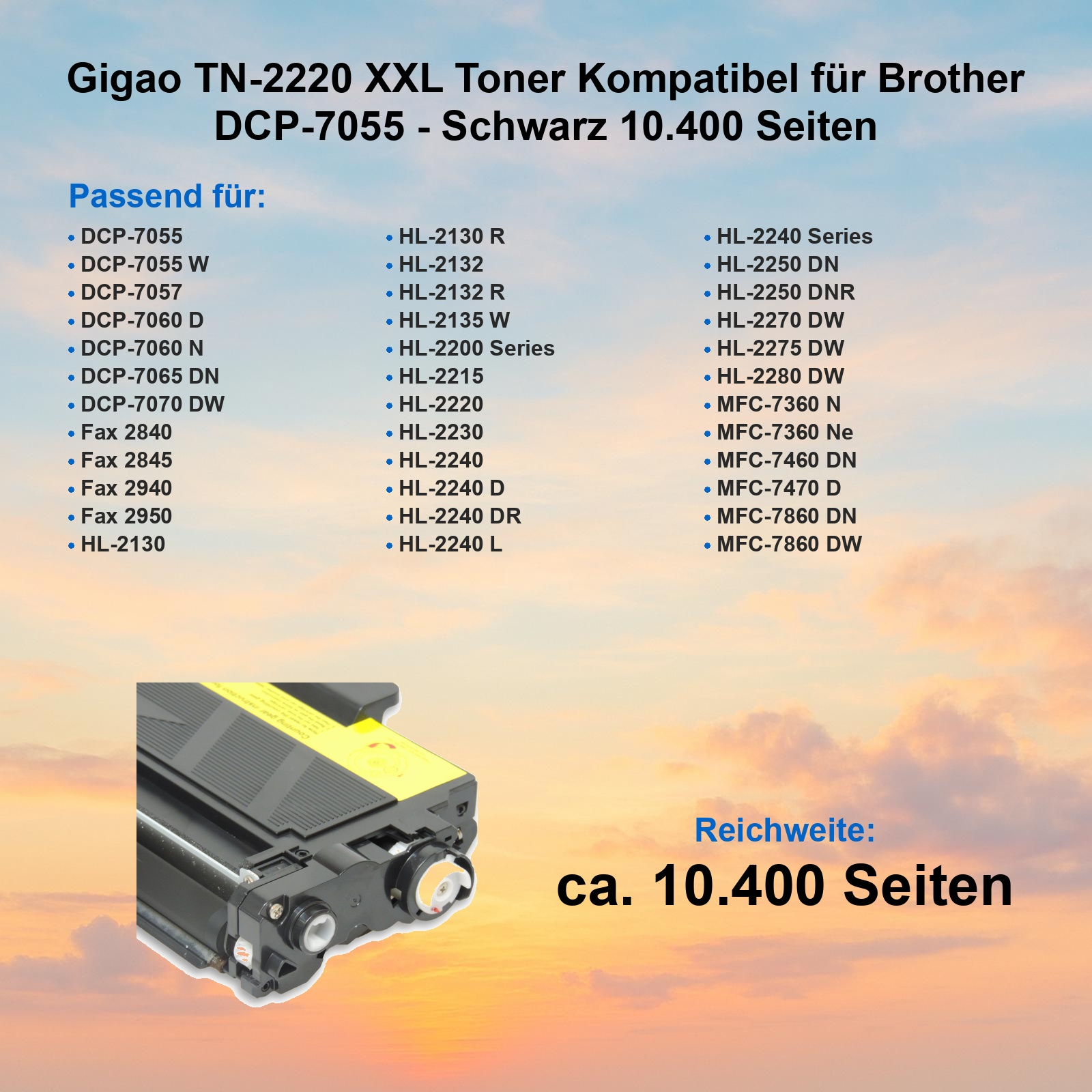Produktwerbung für Gigao TN-2220 XXL Toner für Brother Drucker vor Sonnenuntergang.