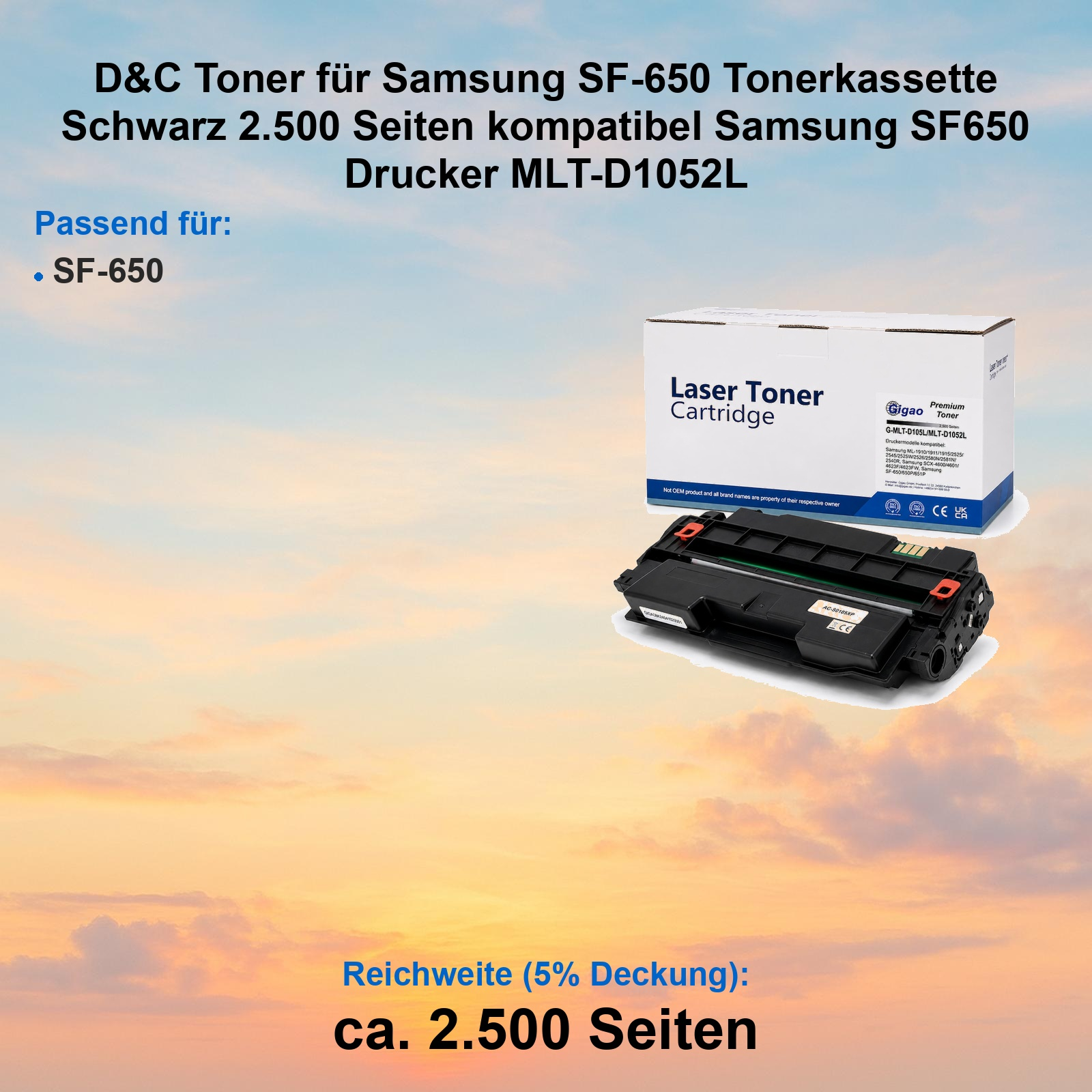 Schwarze Tonerpatrone und Verpackungskarton vor einem farbenfrohen Sonnenuntergangshintergrund.