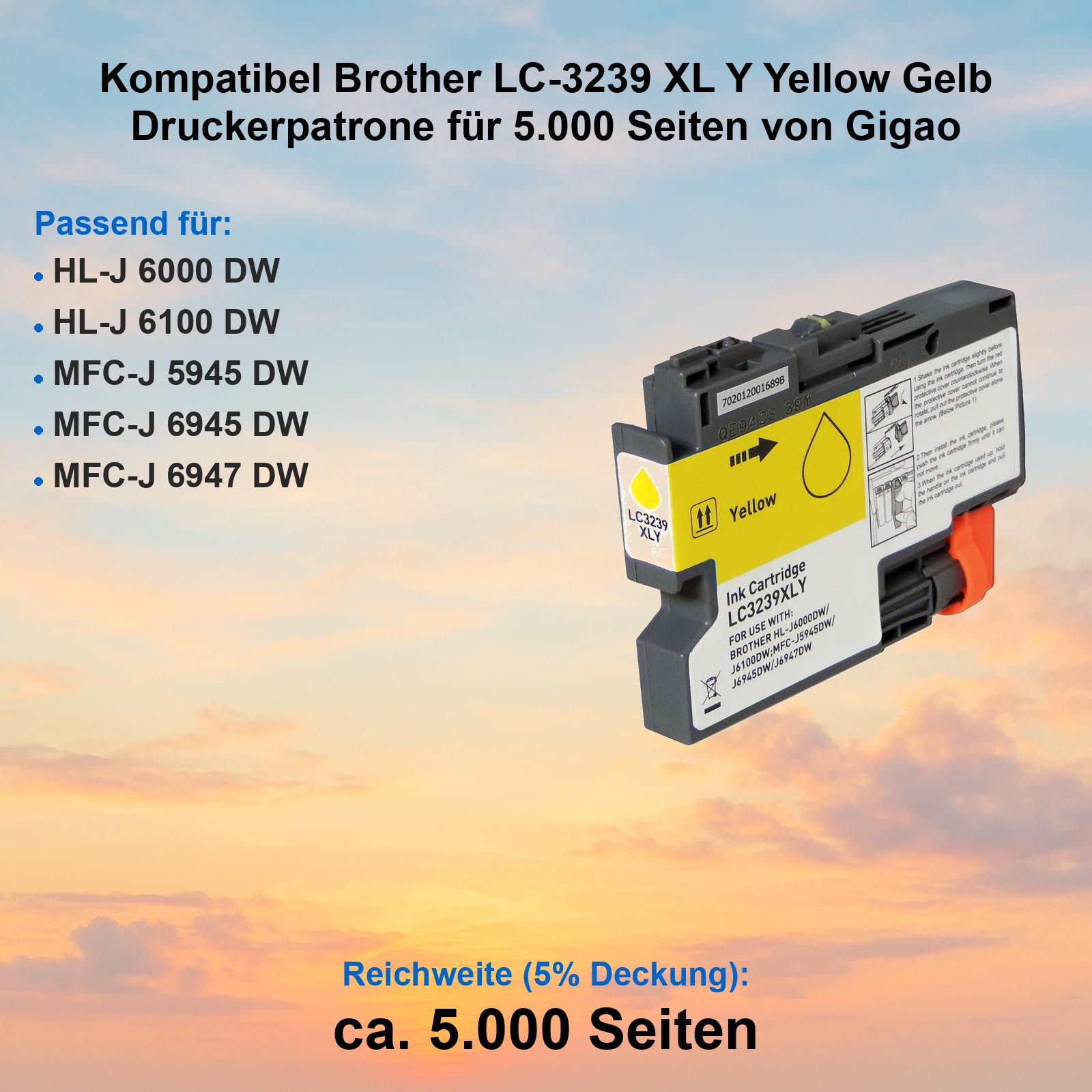 Gelbe Druckerpatrone LC-3239 XL vor farbigem Wolkenhintergrund mit Text.