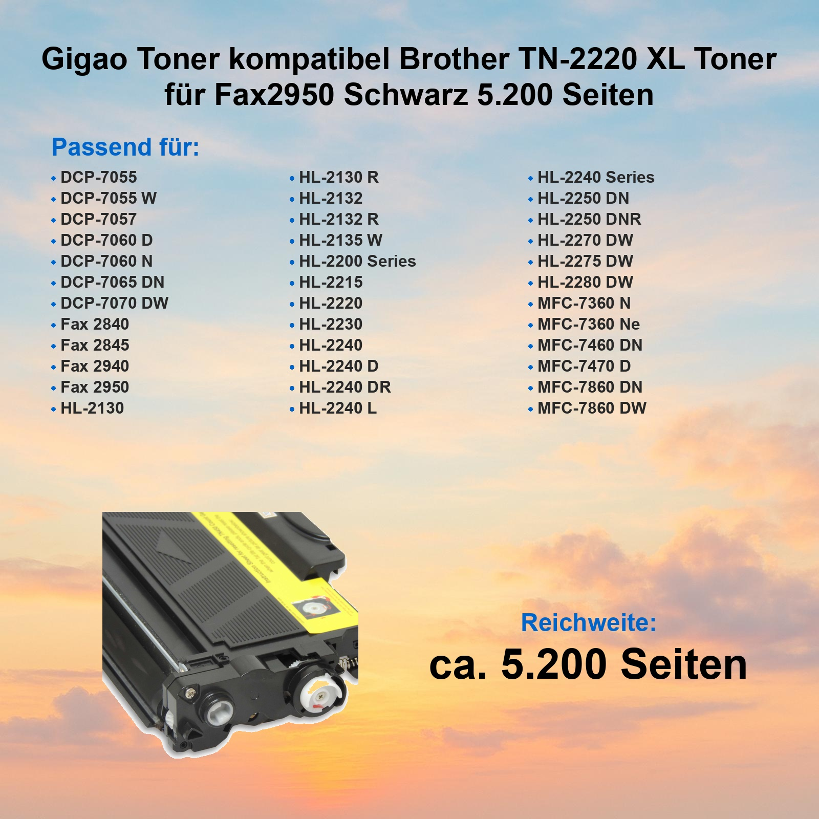 Produktanzeige für Gigao Toner mit Kompatibilitätsliste und schwarzer Tonerkartusche vor Sonnenuntergang.