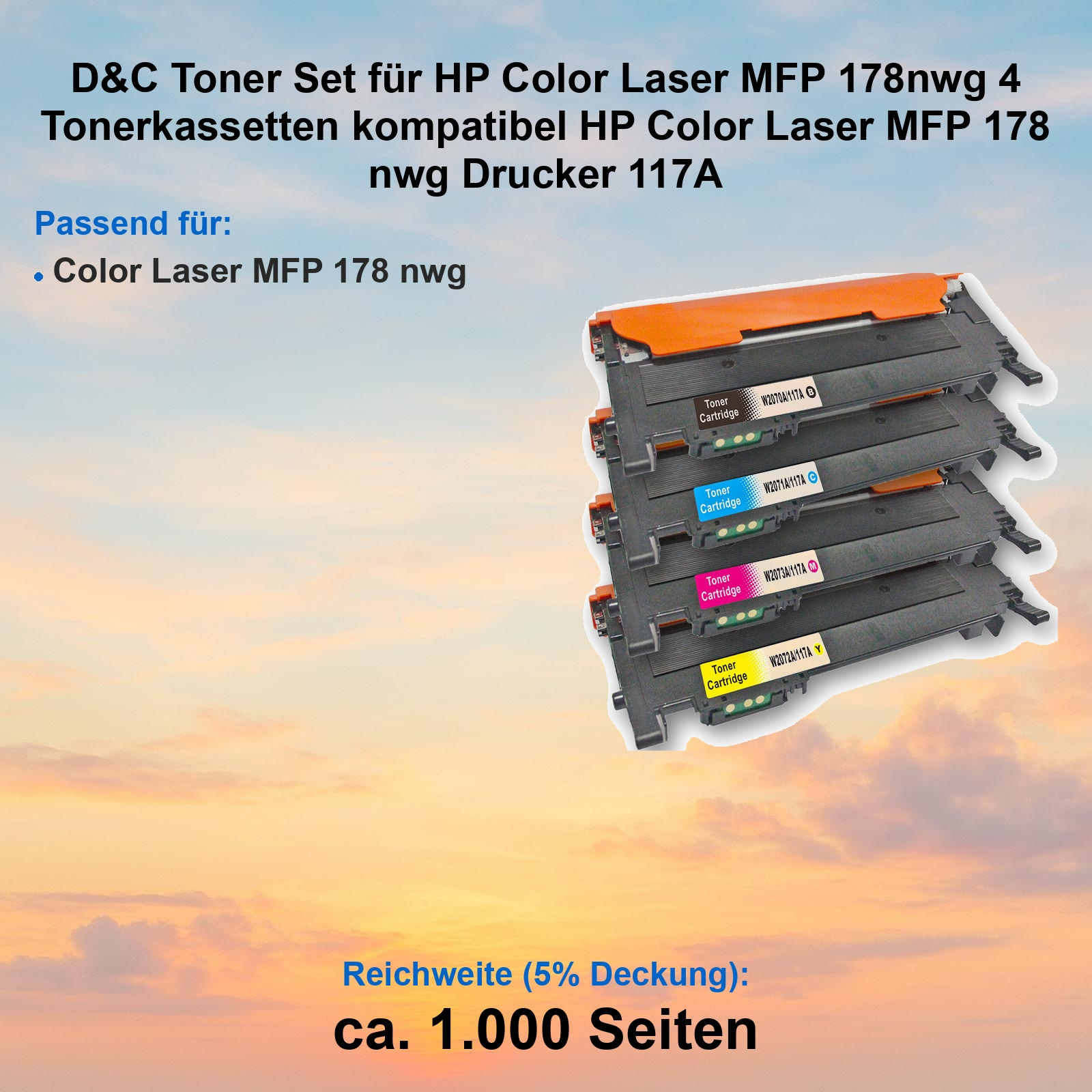 Vier kompatible Tonerkassetten in Schwarz, Cyan, Magenta und Gelb vor einem sonnigen Wolkenhimmel.