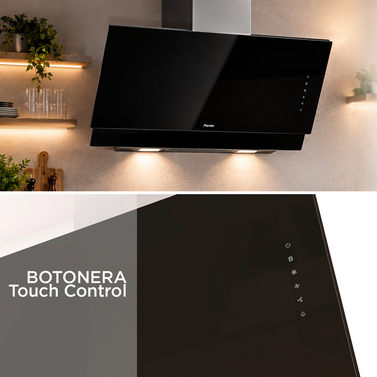 Campana extractora negra moderna con panel táctil en una cocina acogedora.