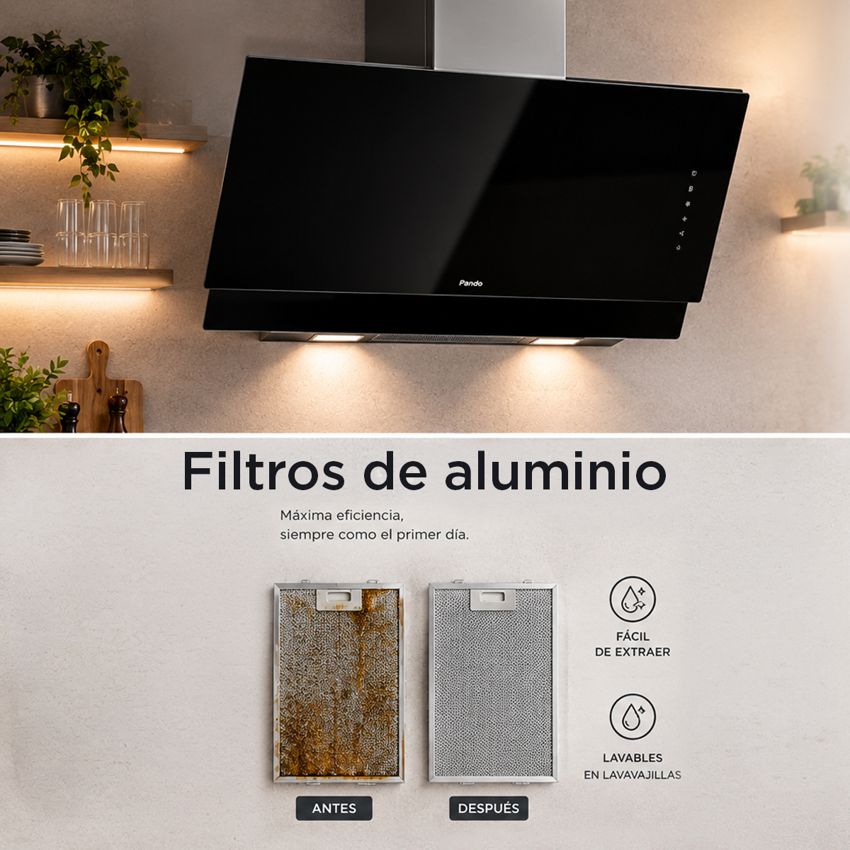 Una campana extractora negra con filtros de aluminio antes y después de limpiar, y texto en español.