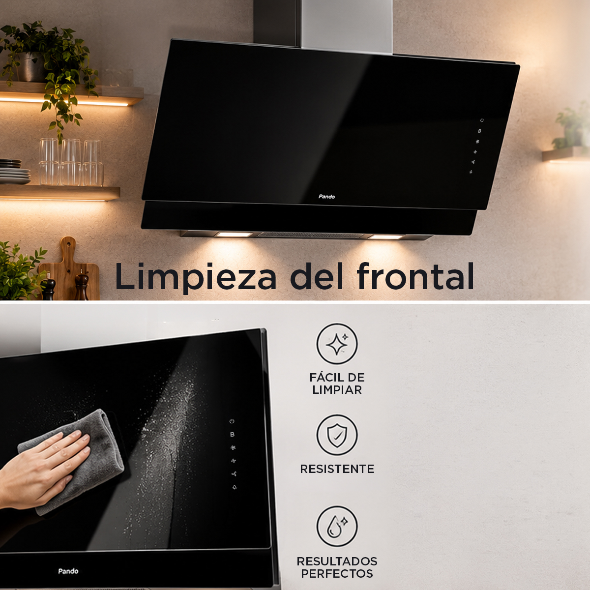 Campana extractora negra siendo limpiada con un paño, con iconos de fácil limpieza, resistente y resultados perfectos.
