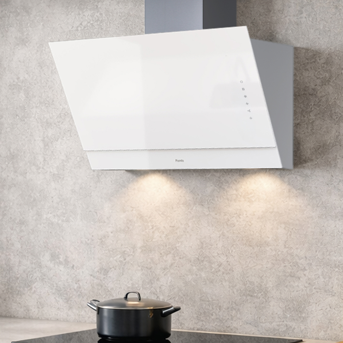 Una moderna campana extractora blanca en una pared gris sobre una olla en la estufa.