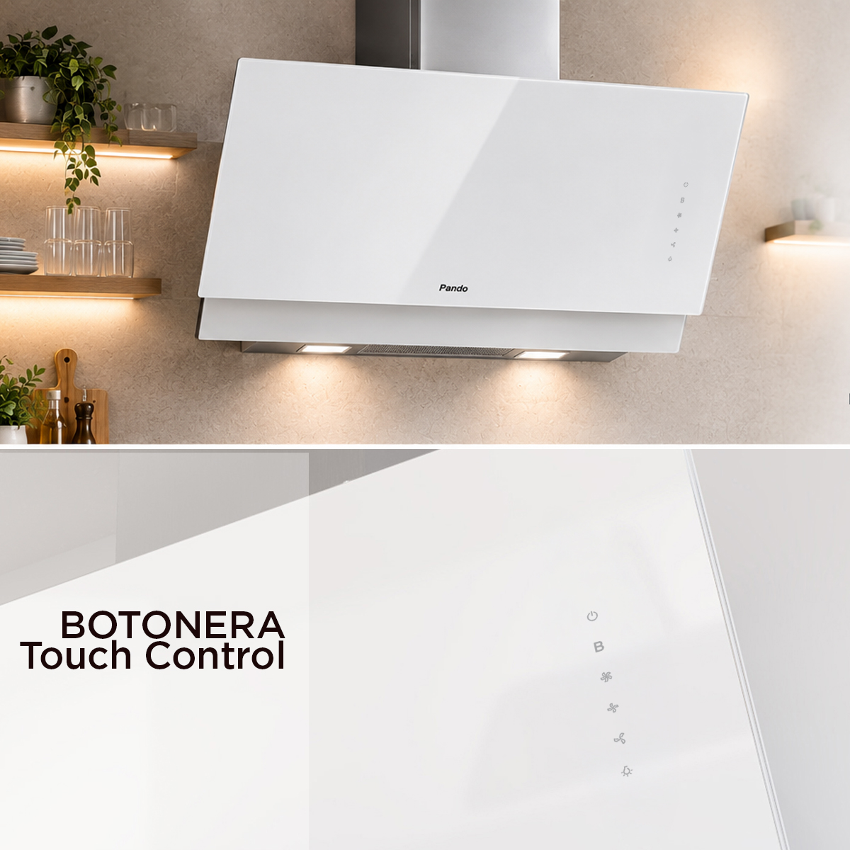 Una campana extractora Pando blanca moderna con control táctil en una cocina bien iluminada.