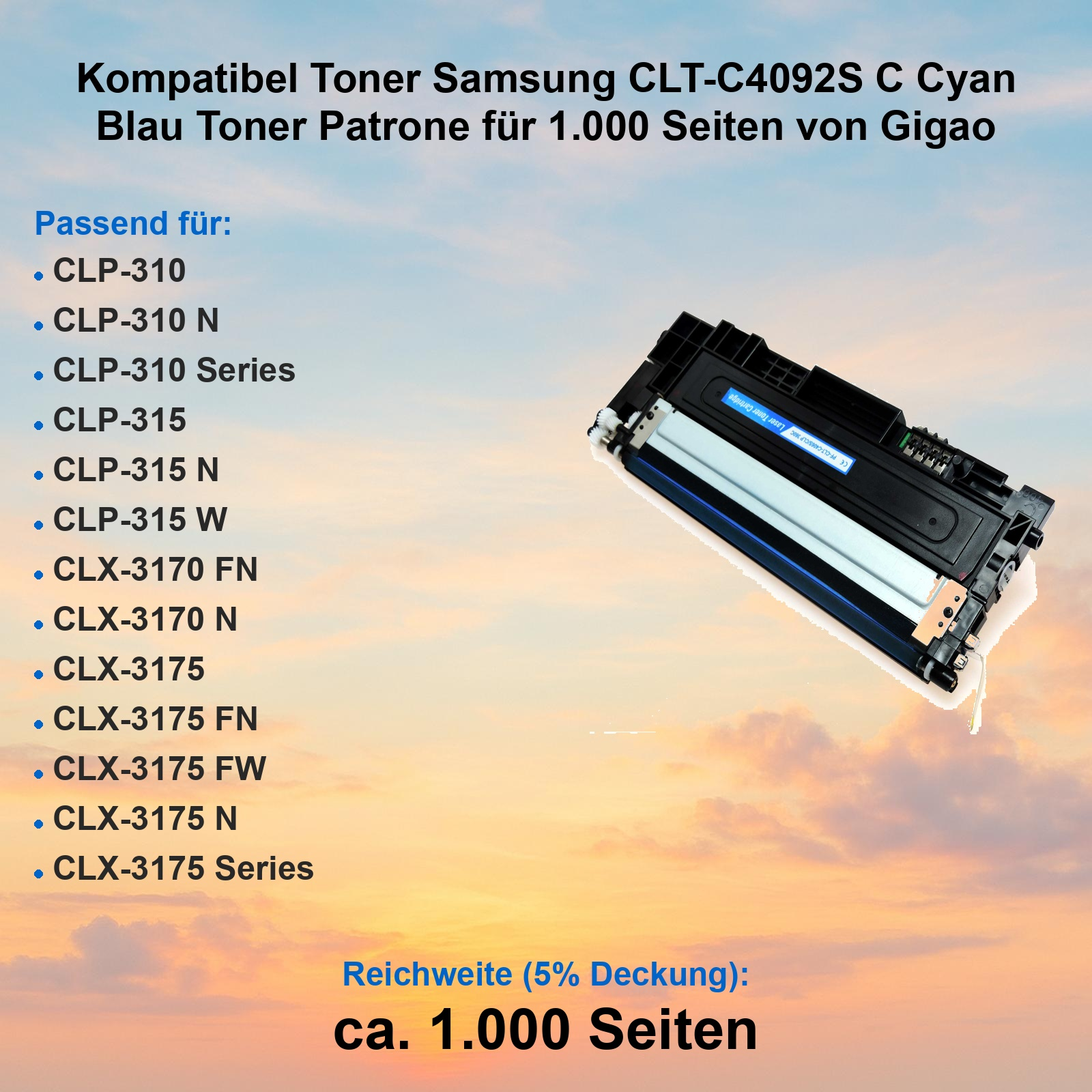 Kompatibler Samsung Toner und eine Liste kompatibler Drucker auf orangem Wolkenhintergrund.
