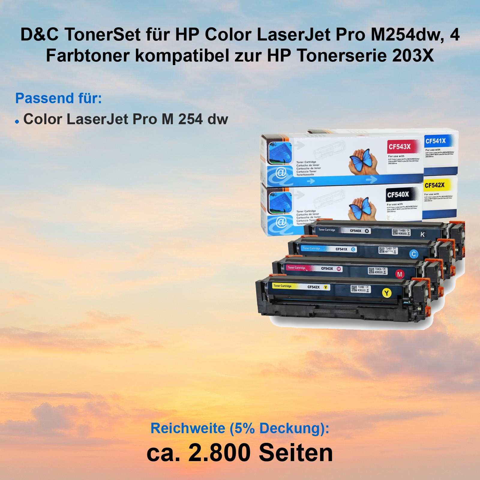 Set mit vier kompatiblen Tonerkartuschen und Kartons vor einem orangen Wolkenhintergrund.