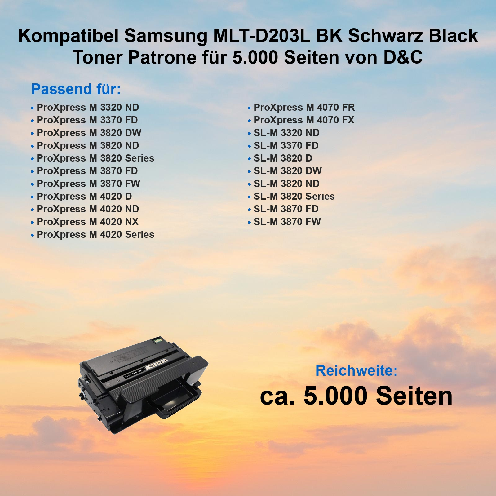 Schwarze Tonerpatrone für Samsung ProXpress Drucker auf farbigem Hintergrund mit Text.