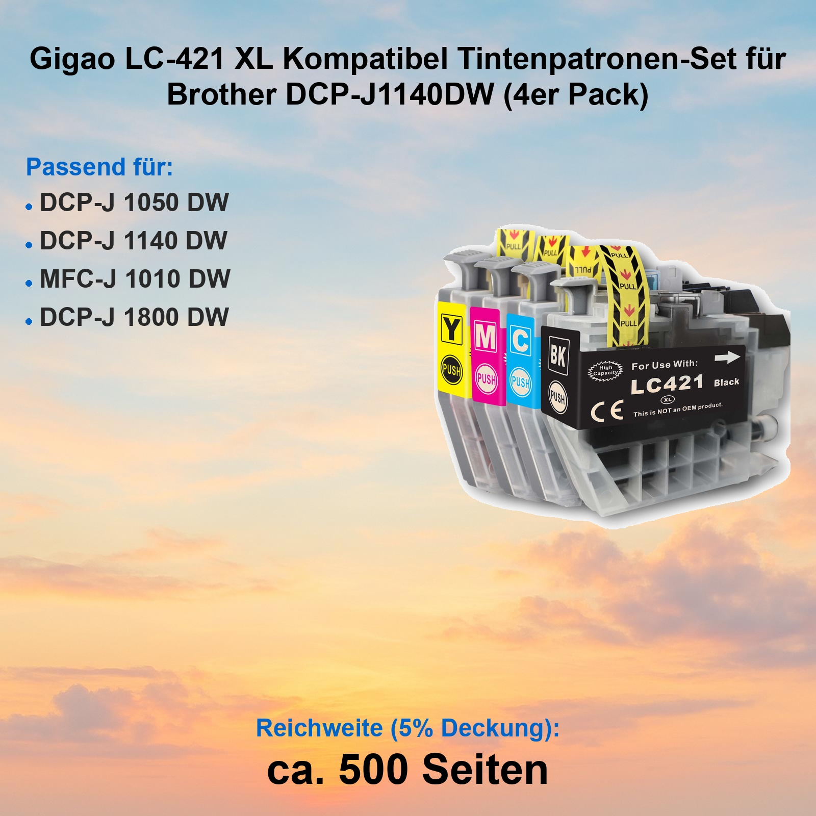 Vier Druckerpatronen in Gelb, Magenta, Cyan und Schwarz vor Sonnenuntergang mit deutschem Text.