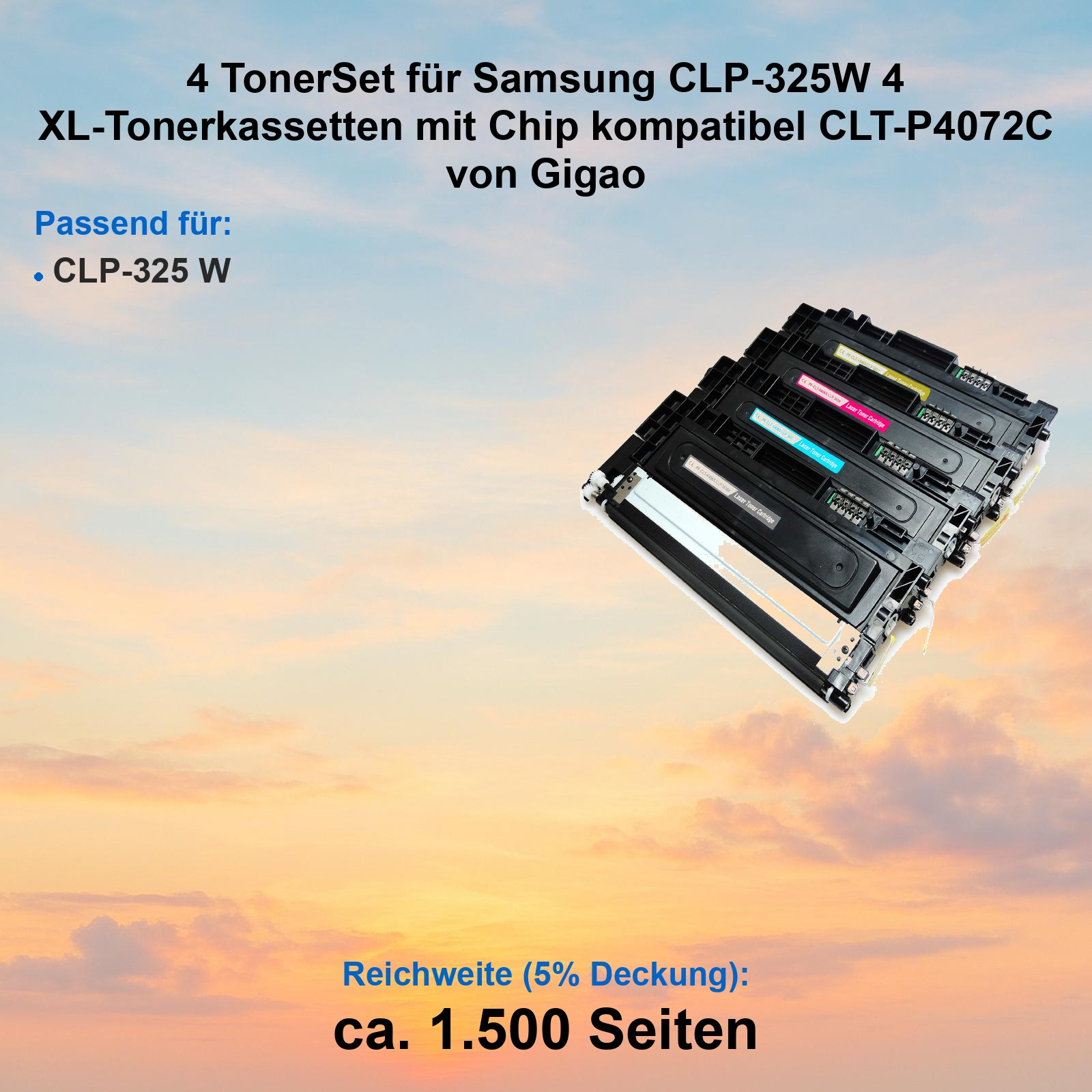 Vier farbige Toner Kassetten für Samsung Drucker vor einem orangen Himmel Hintergrund.