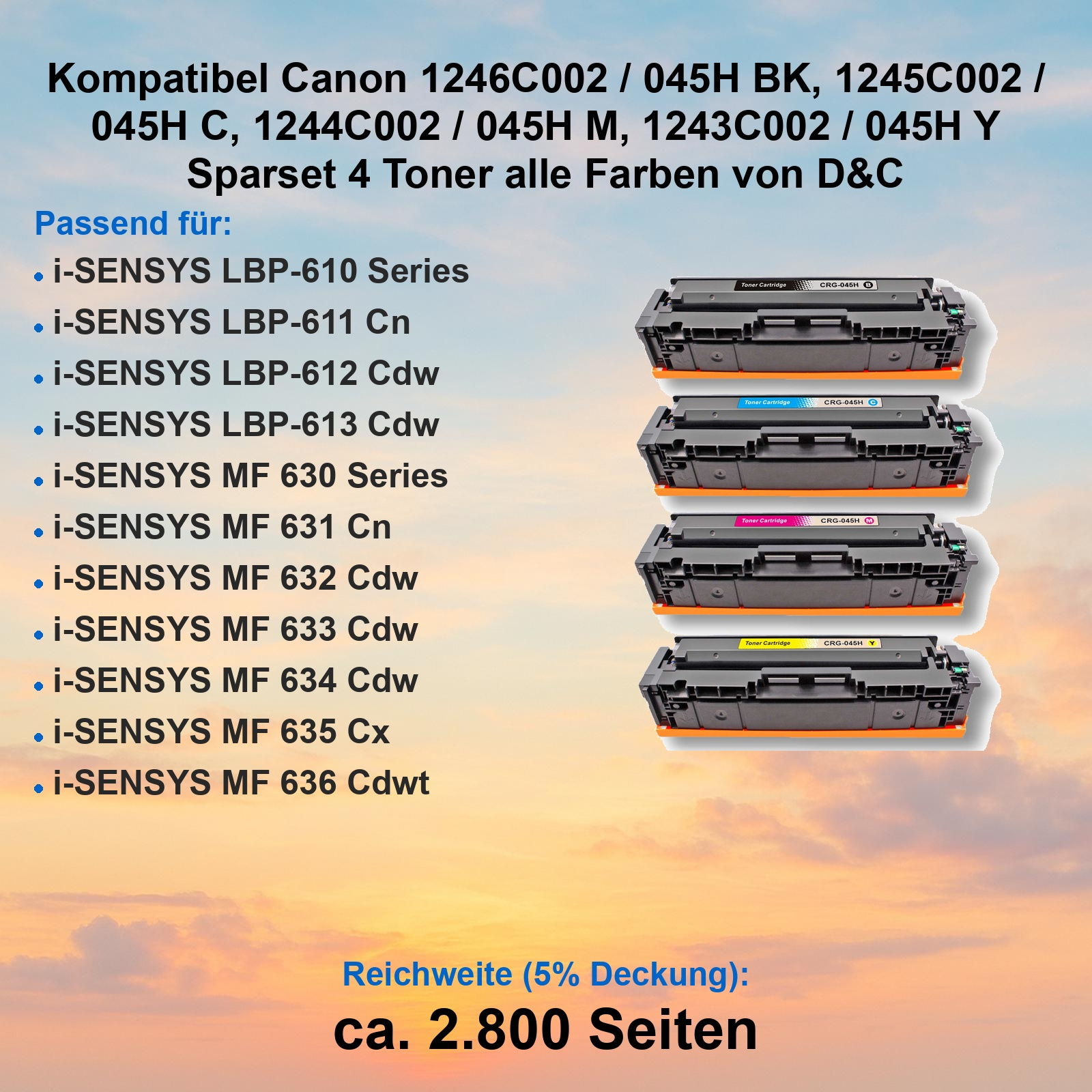 Vier kompatible Tonerpatronen in Schwarz, Cyan, Magenta und Gelb für Canon Drucker vor Sonnenuntergang.