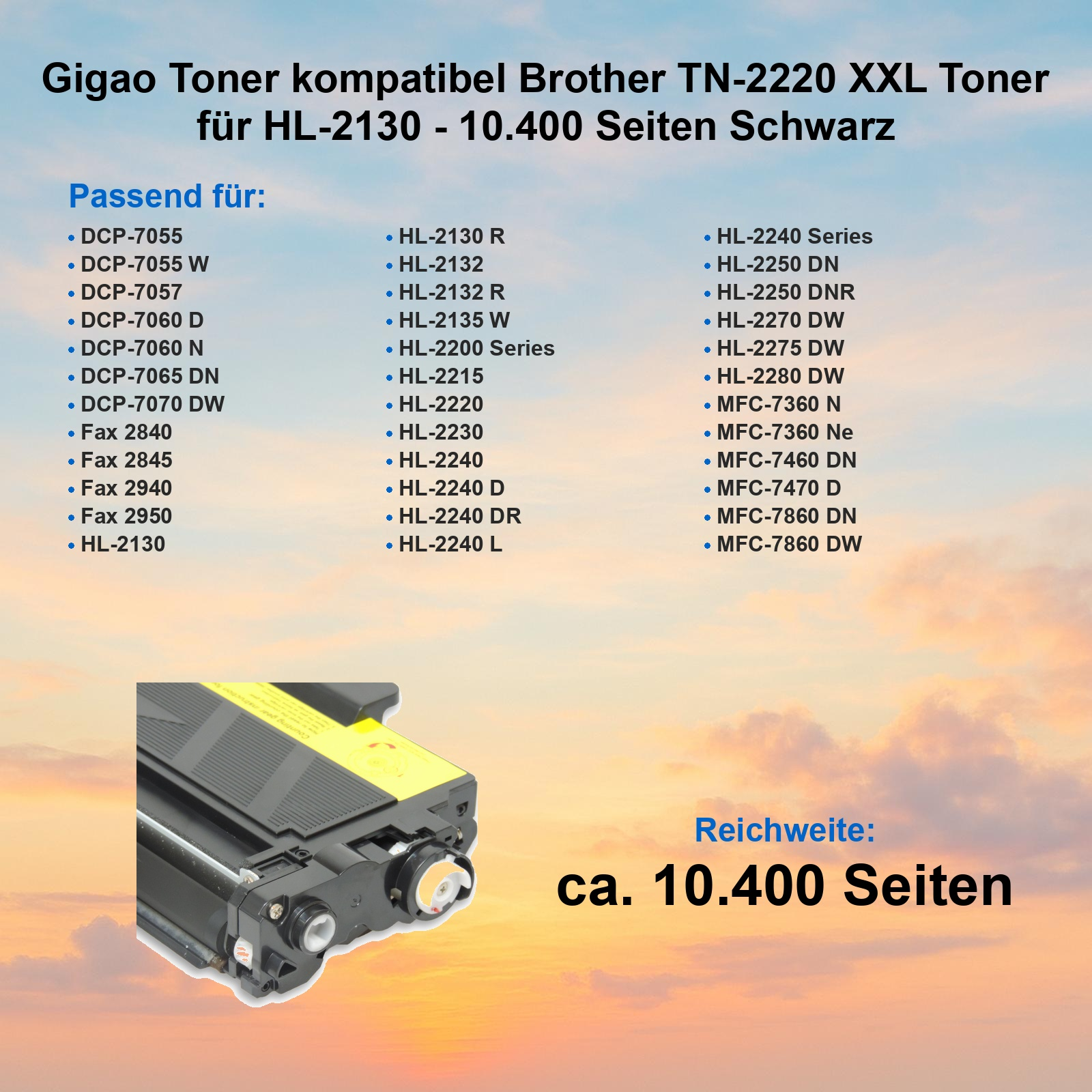 Kompatibler Gigao Toner für Brother Drucker mit Liste passender Modelle auf farbigem Hintergrund.