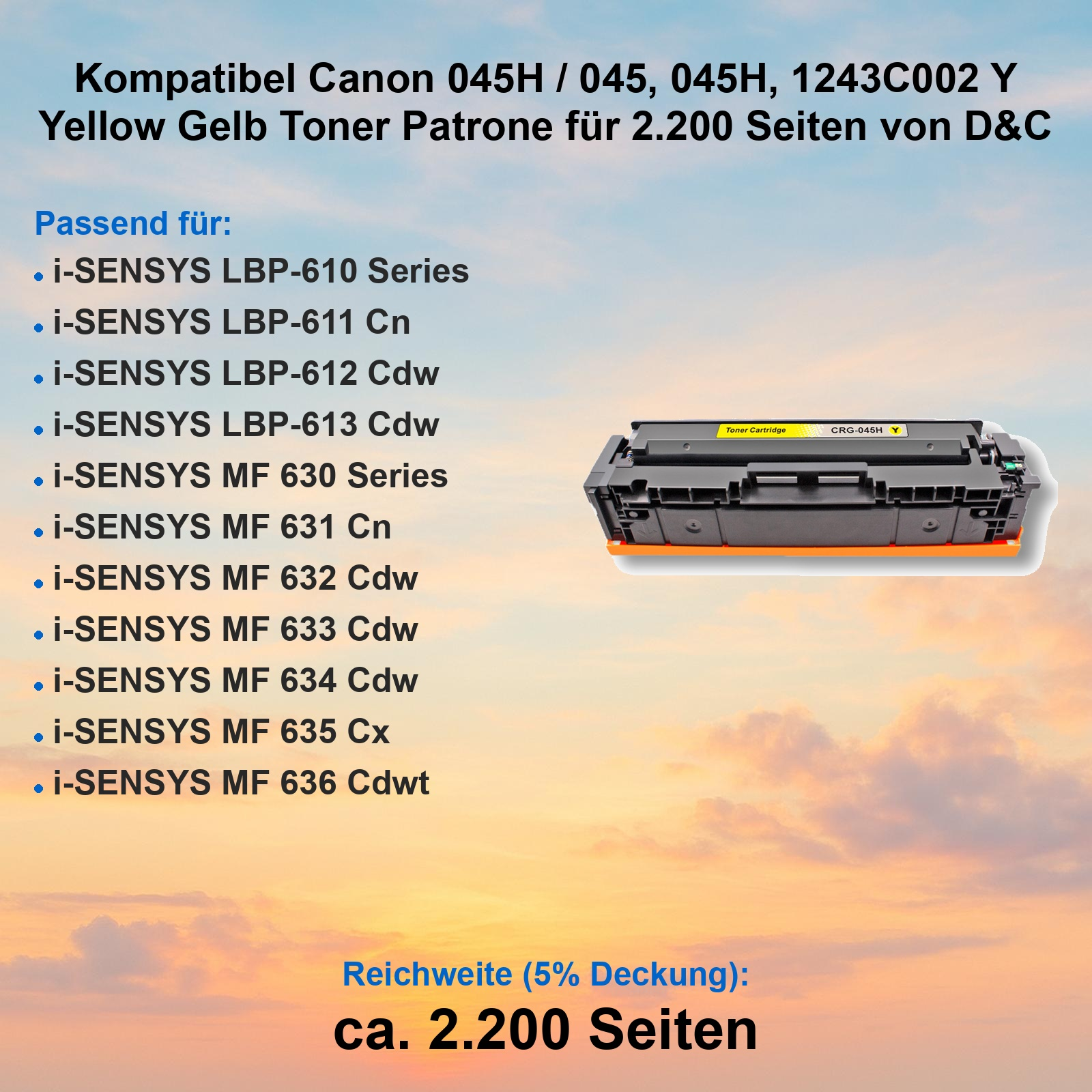 Gelbe Tonerkassette für Canon Drucker vor Sonnenuntergangshimmel mit Druckerkompatibilitätstext.