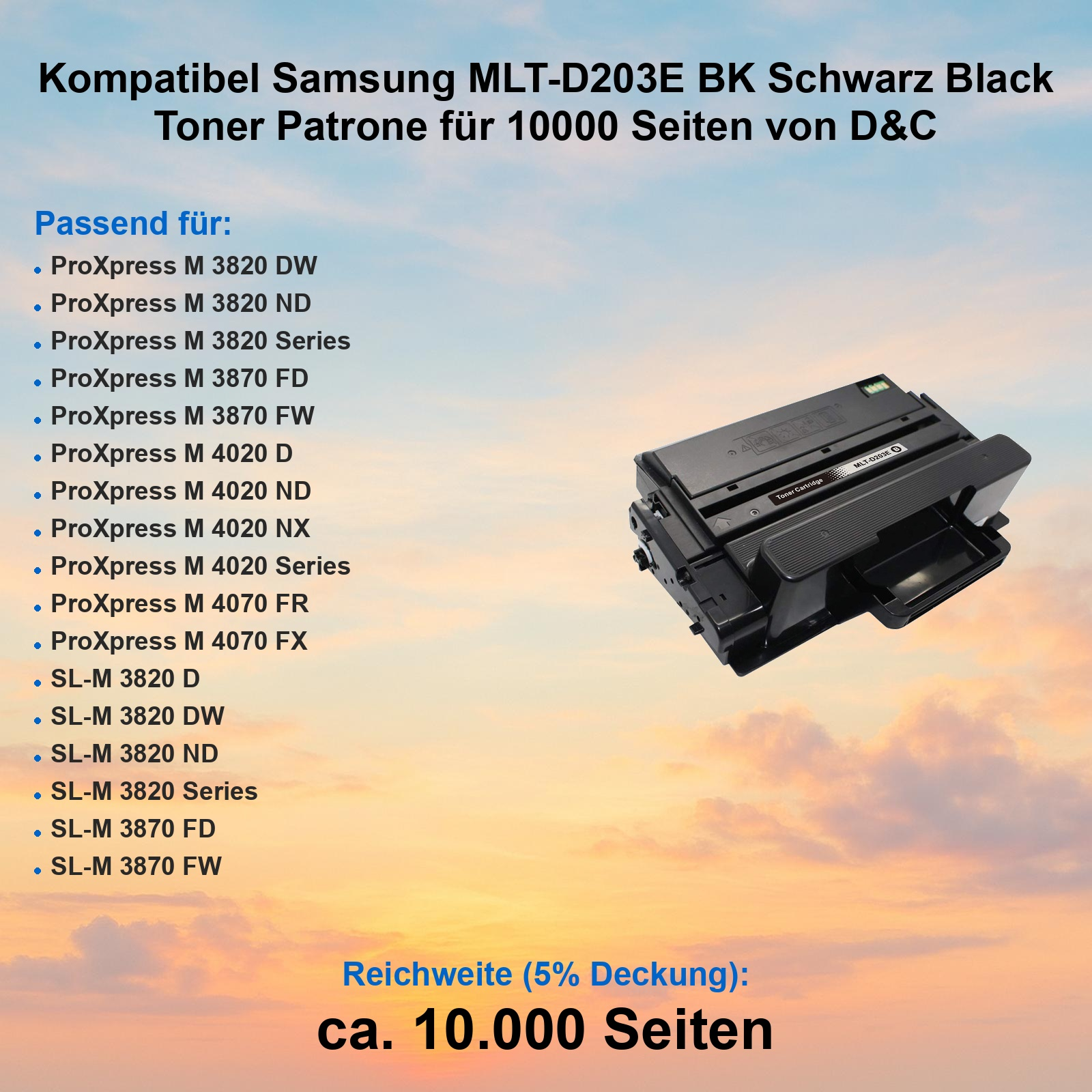 Kompatible schwarze Samsung Tonerkartusche vor einem orange-blauen Sonnenuntergangshintergrund mit Druckerkompatibilitätsliste.