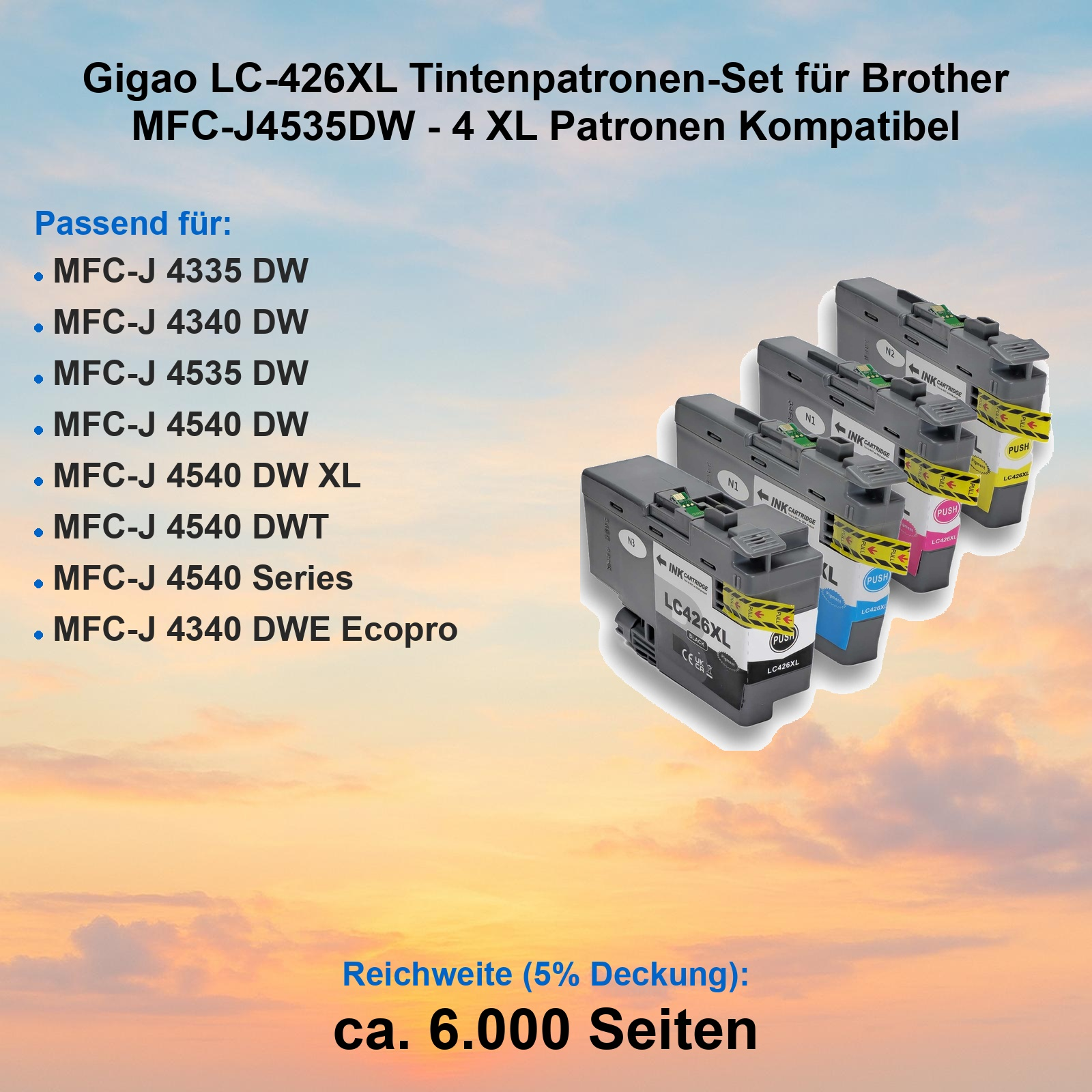 Vier kompatible Tintenpatronen LC-426XL vor einem sonnigen Himmel mit Text zur Kompatibilität.