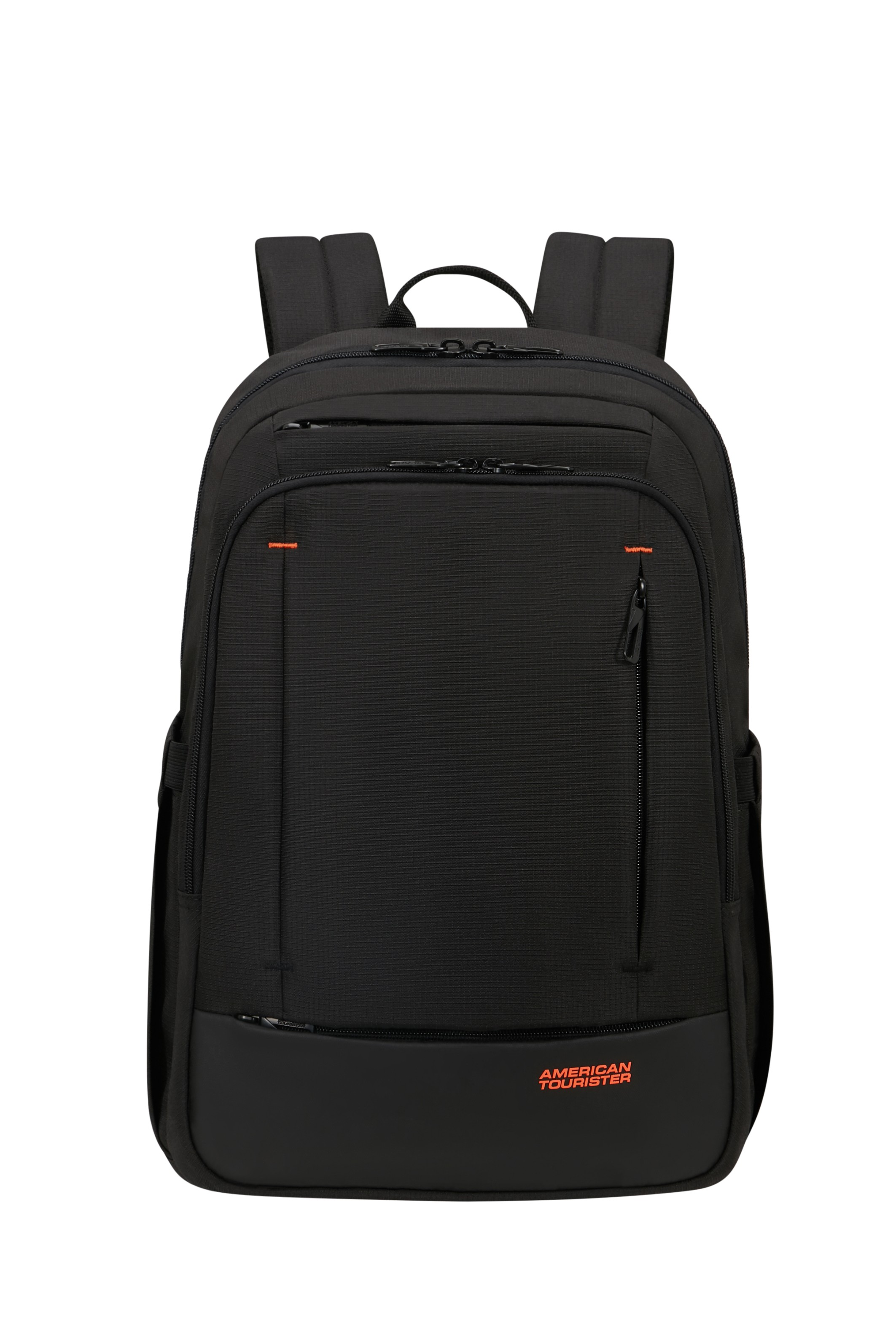 Czarny plecak American Tourister z pomarańczowymi akcentami na białym tle.