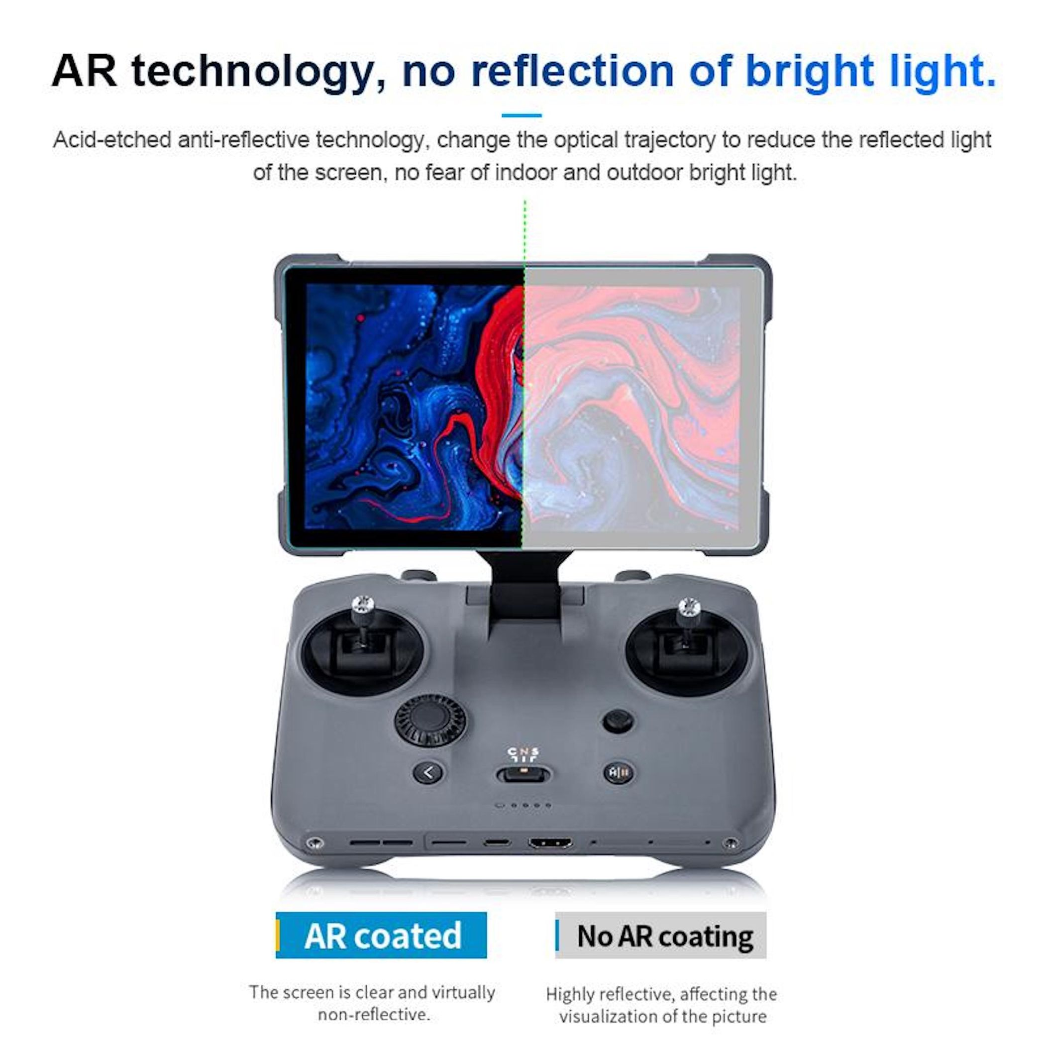 Radiocomando per drone con tablet, dimostra il rivestimento AR antiriflesso.