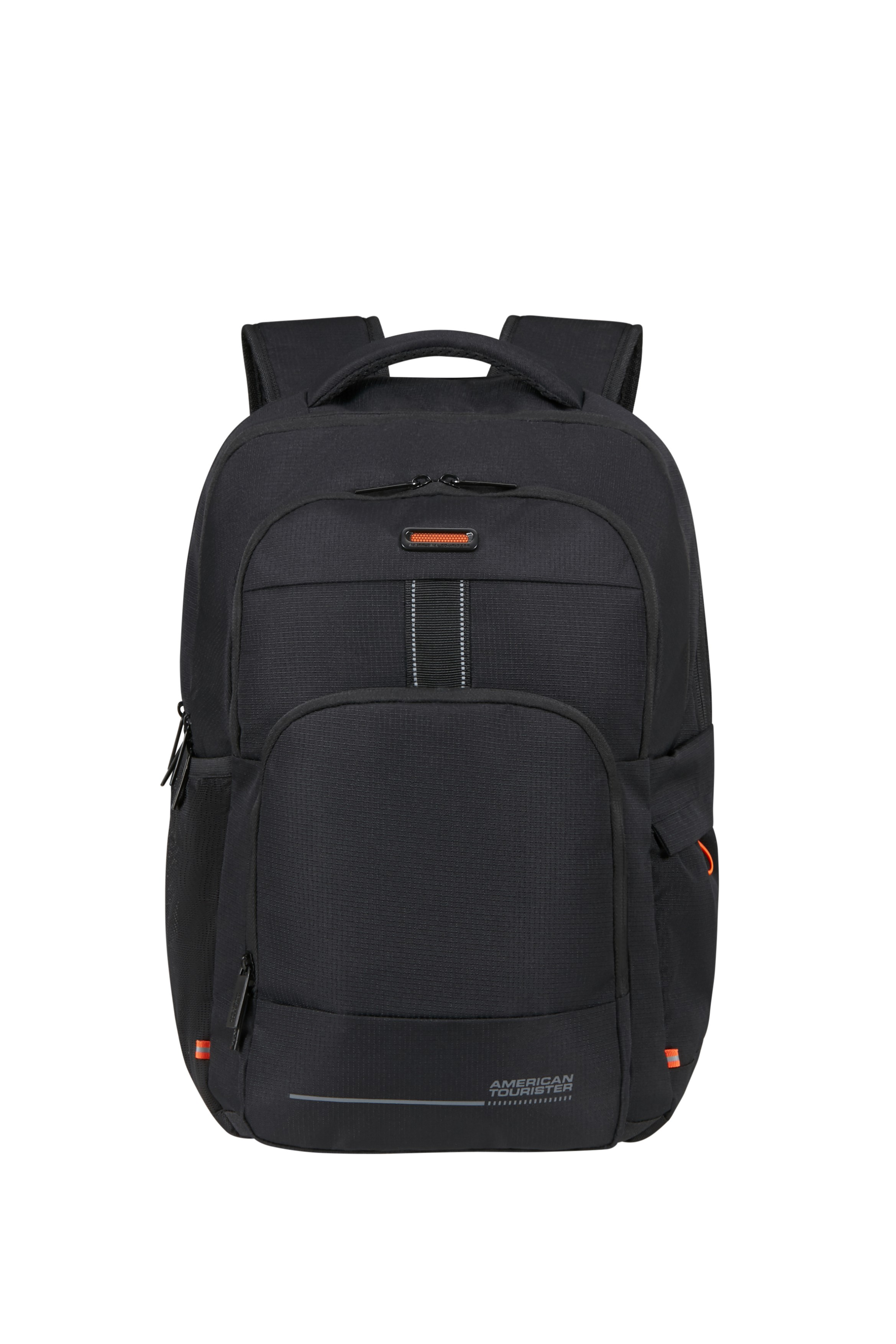 Czarny plecak American Tourister z wieloma przegródkami, zamkami i pomarańczowymi akcentami.