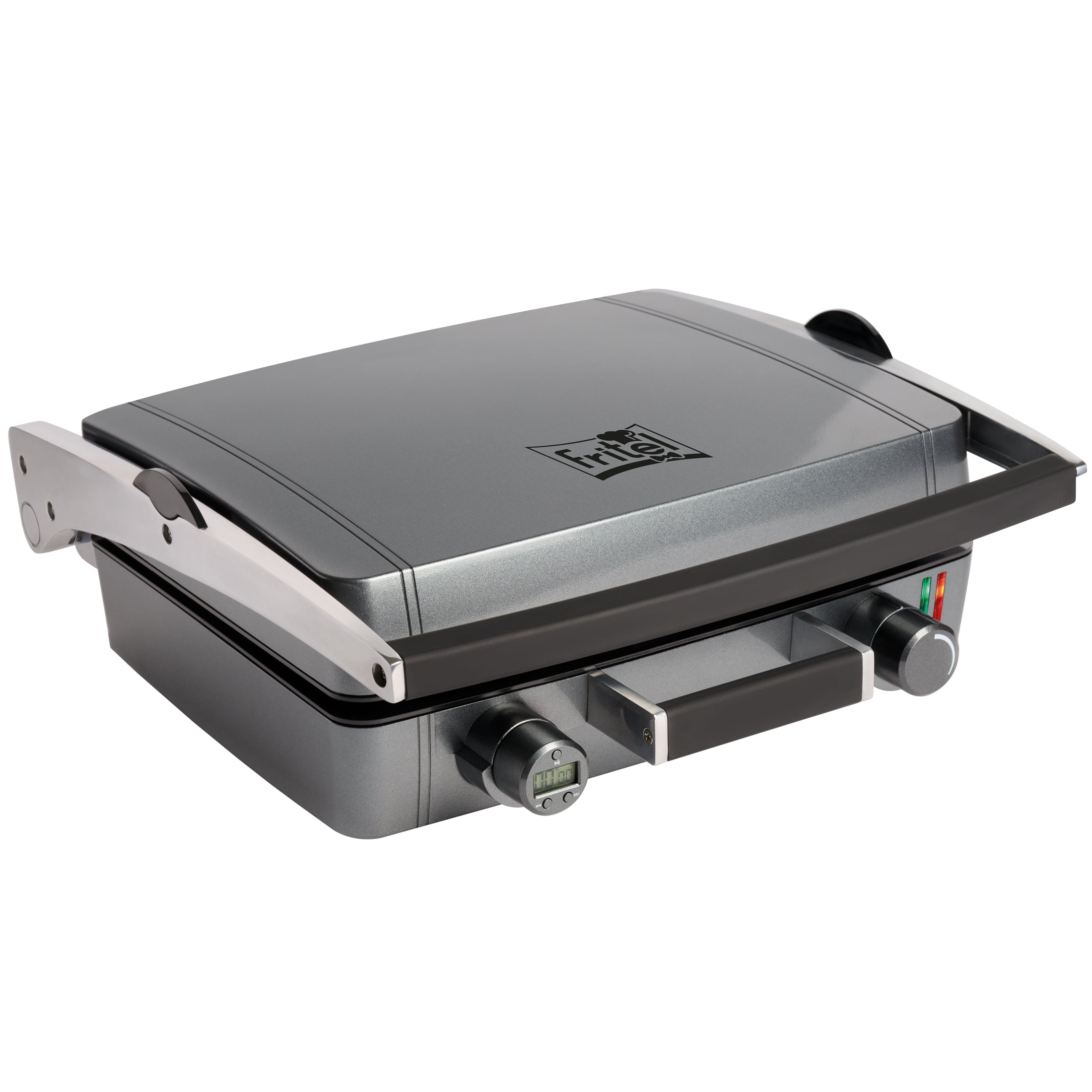 Un grill elettrico grigio con manico nero, timer digitale e manopole su superficie bianca.