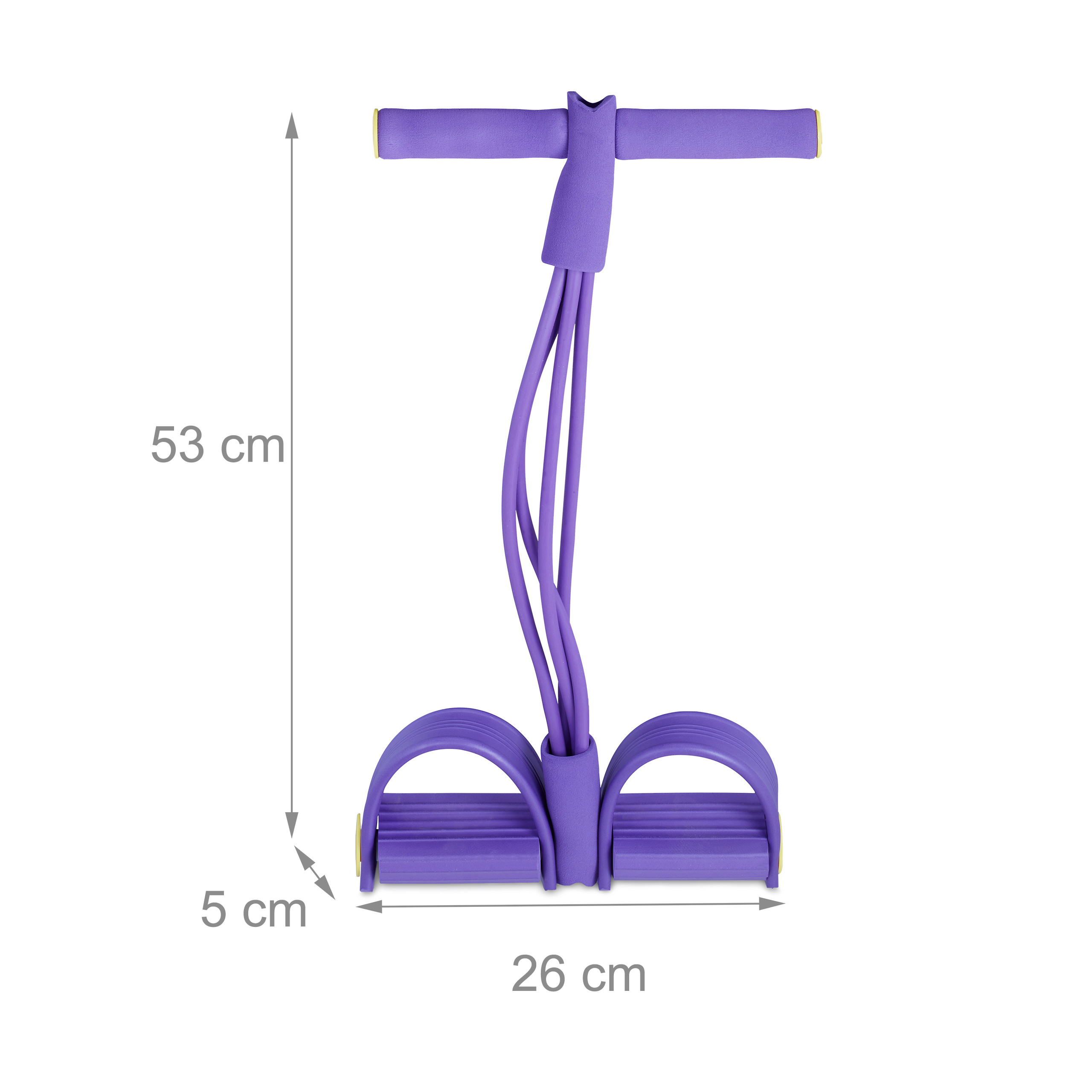 Lila Widerstandsband mit Fußschlaufen und Griff, Abmessungen 53x26x5 cm.