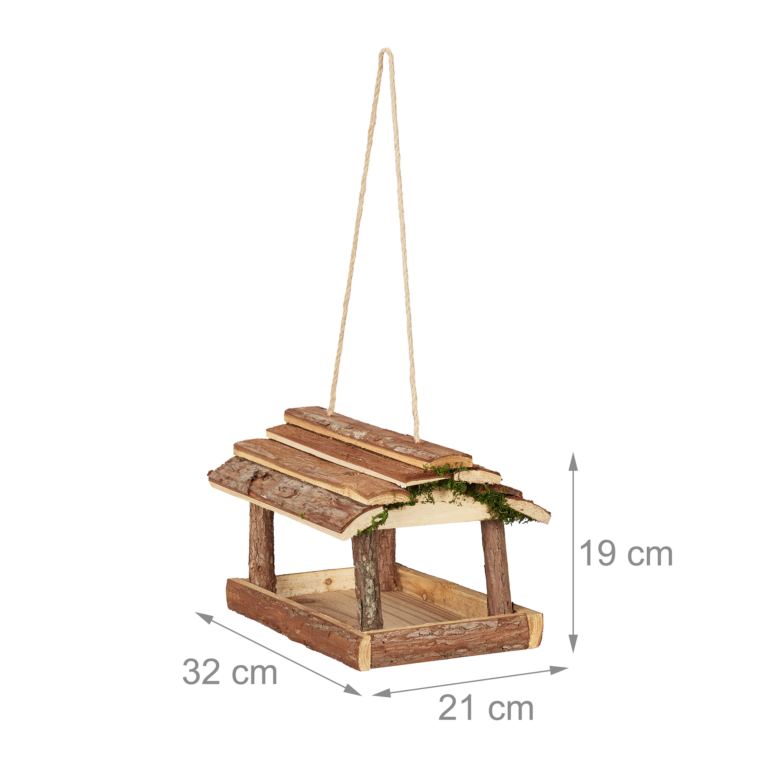 Ein rustikales Holzvogelhaus mit Häneseil und Maßangaben in Zentimetern auf weißem Hintergrund.