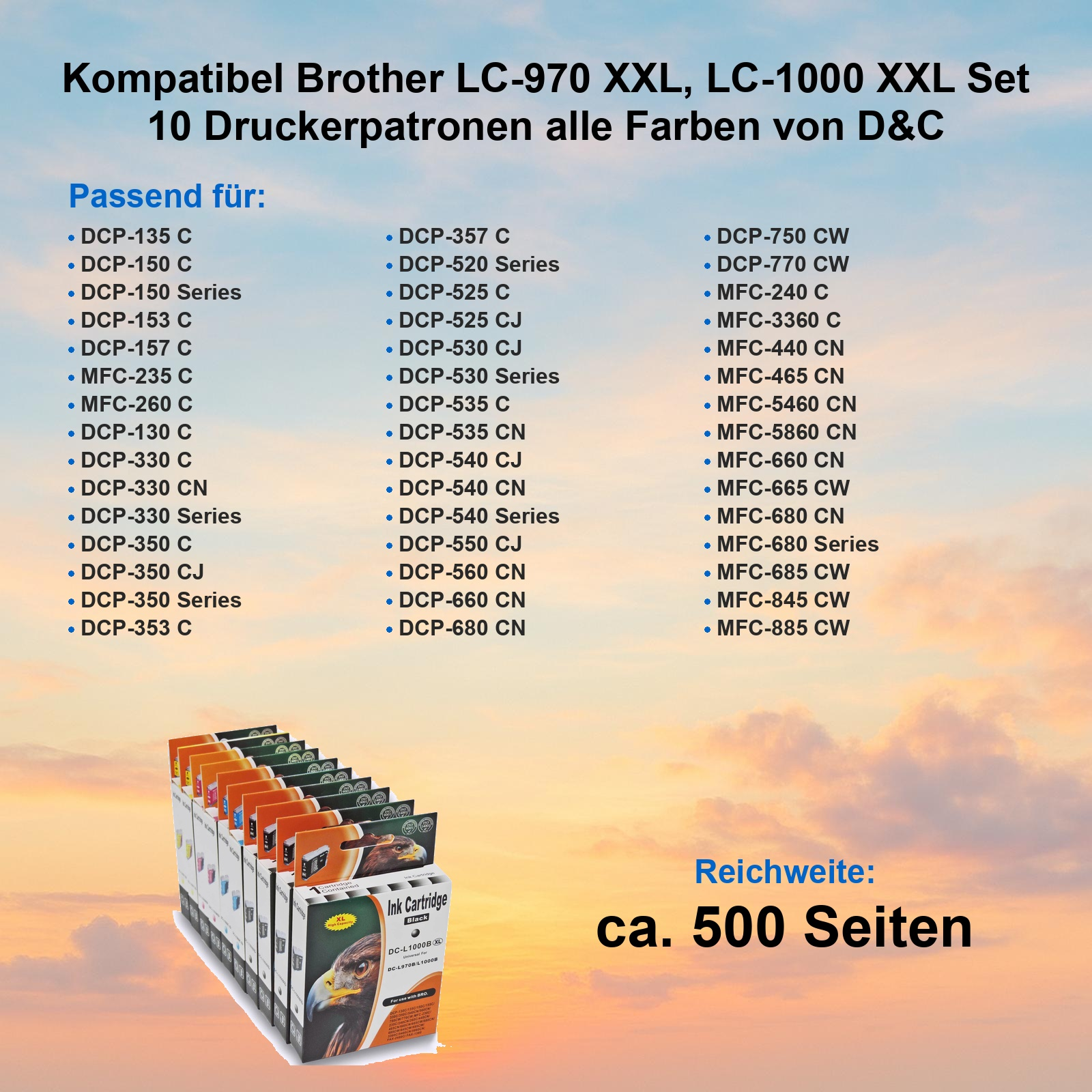 D&C Druckerpatronen Kompatibel Set mit Listenkompatibilität und Kartuschenbild vor einem Sonnenuntergang.
