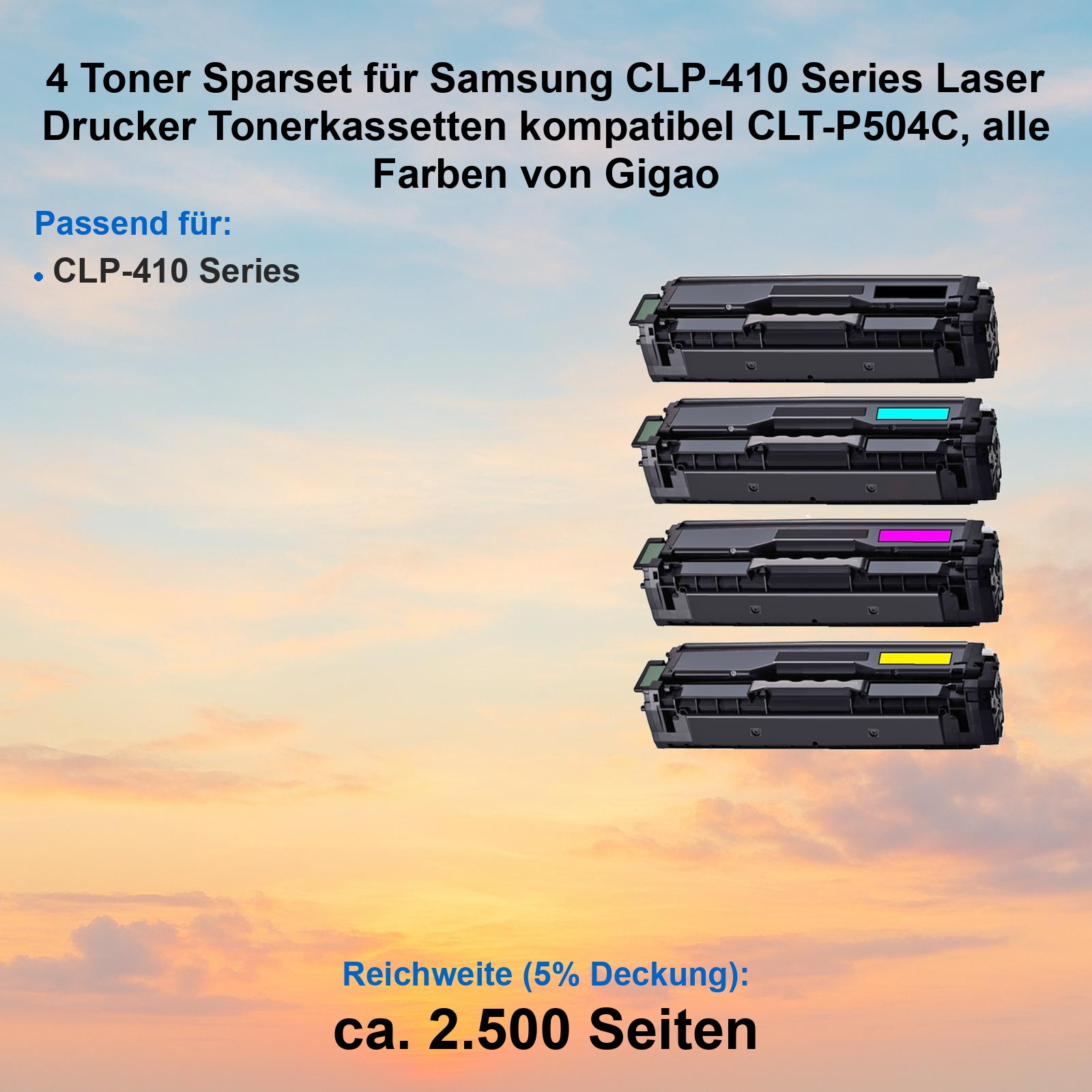 Vier Tonerkassetten für Samsung-Drucker vor einem Sonnenuntergang mit deutschem Kompatibilitätstext.