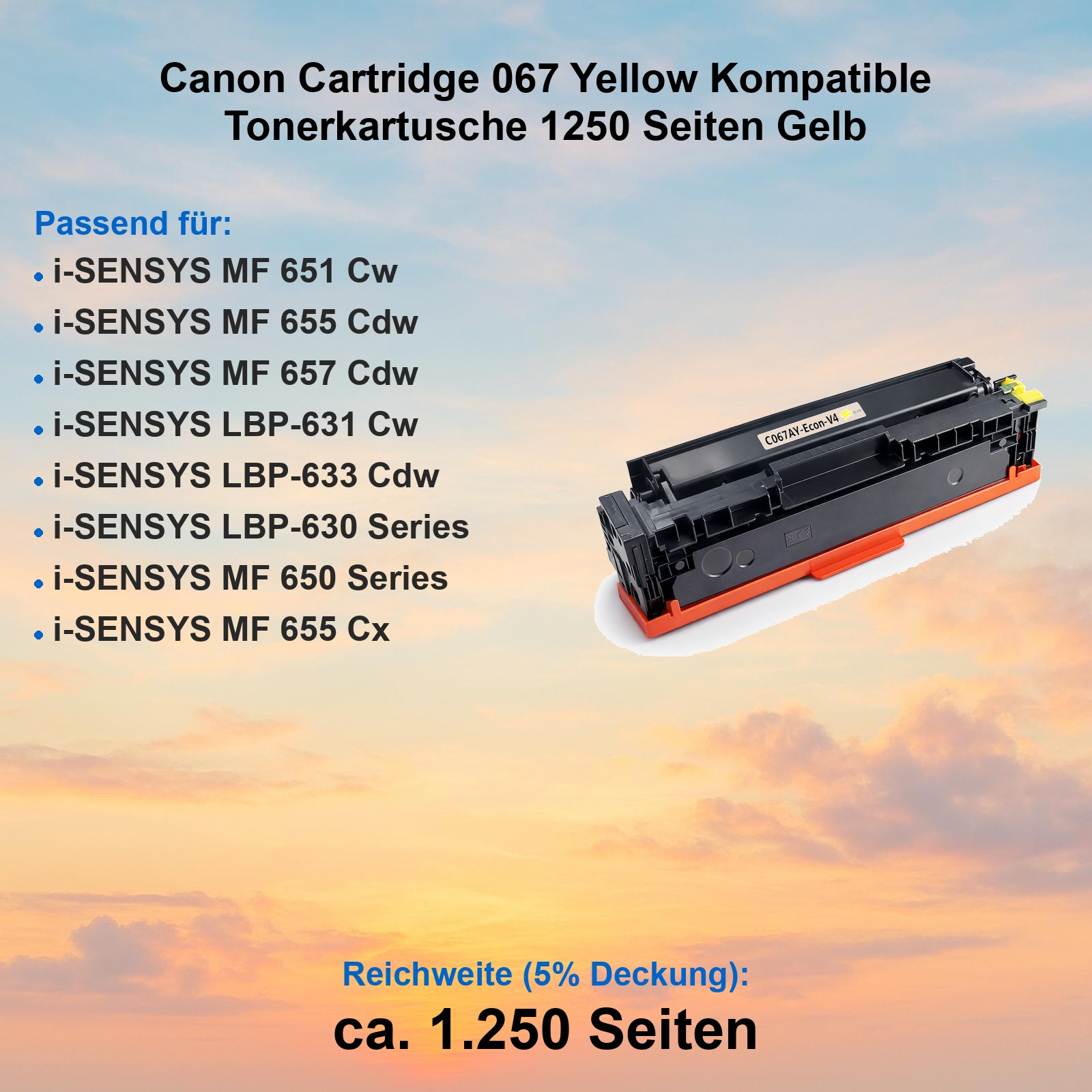 Gelbe Tonerfassung kompatibel für Canon, mit Kompatibilitätsliste und Wolkenhintergrund.