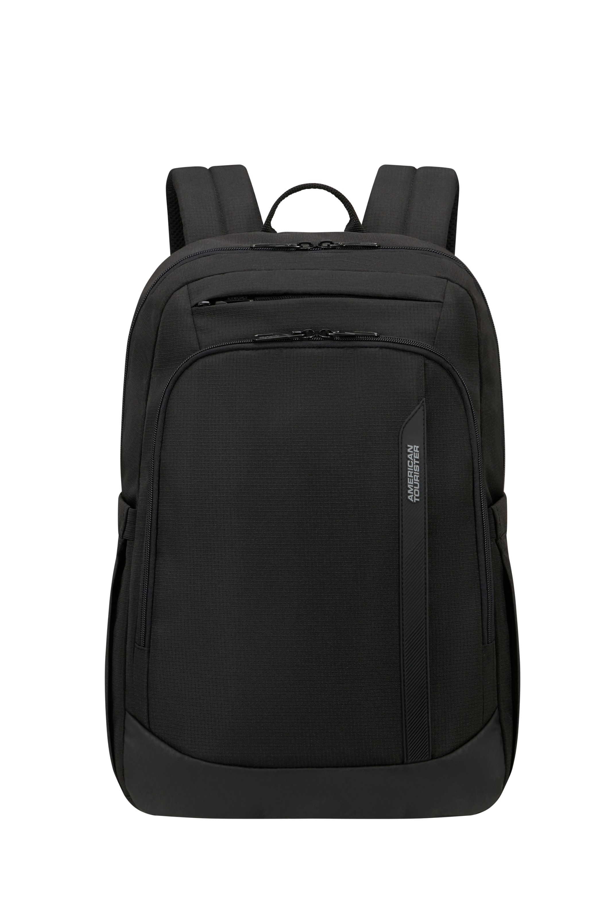 Czarny plecak American Tourister z kieszeniami zapinanymi na zamek i wyściełanymi paskami.