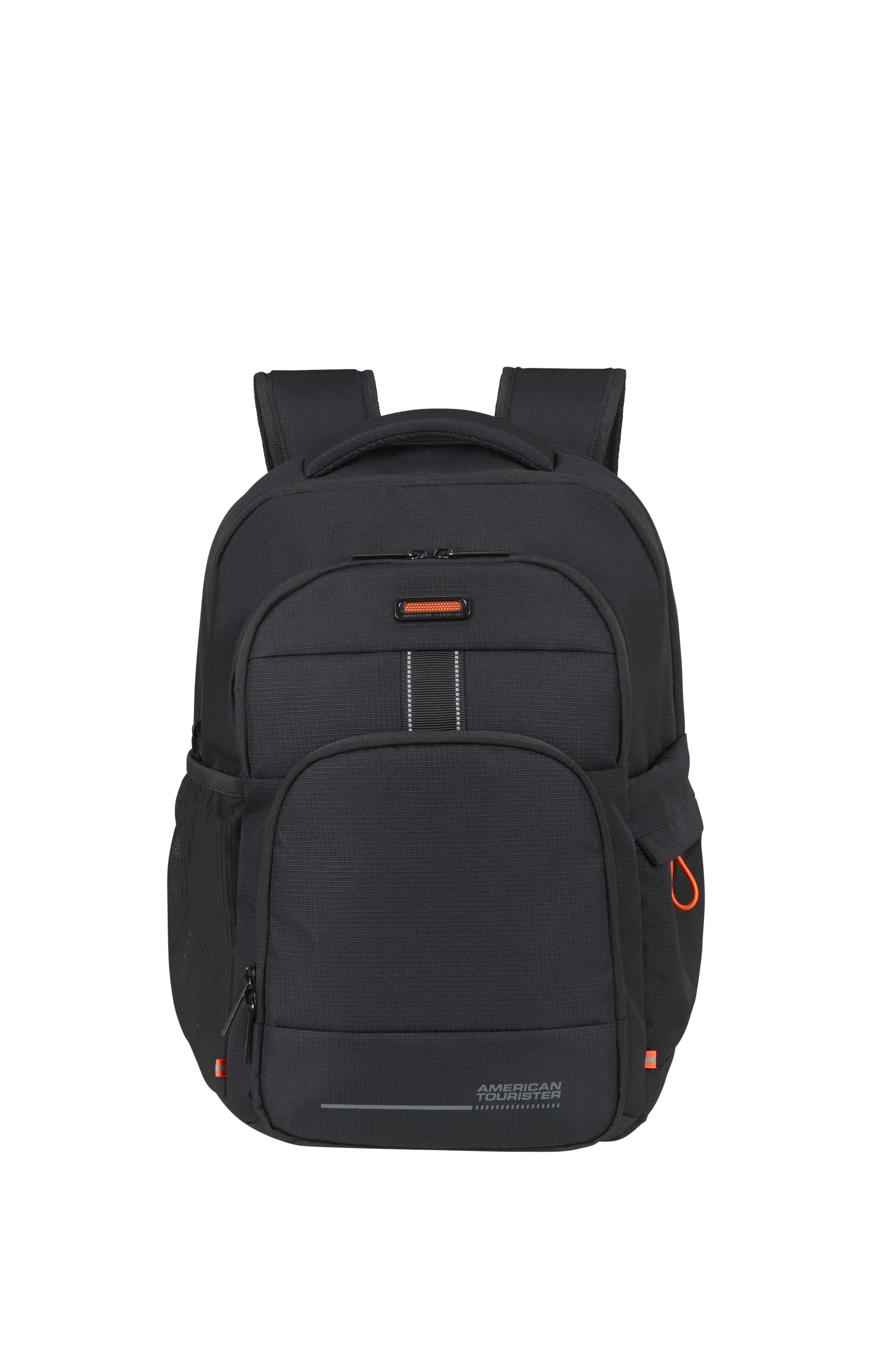 Czarny plecak American Tourister z wieloma przegródkami, zamkami błyskawicznymi i pomarańczowymi akcentami.