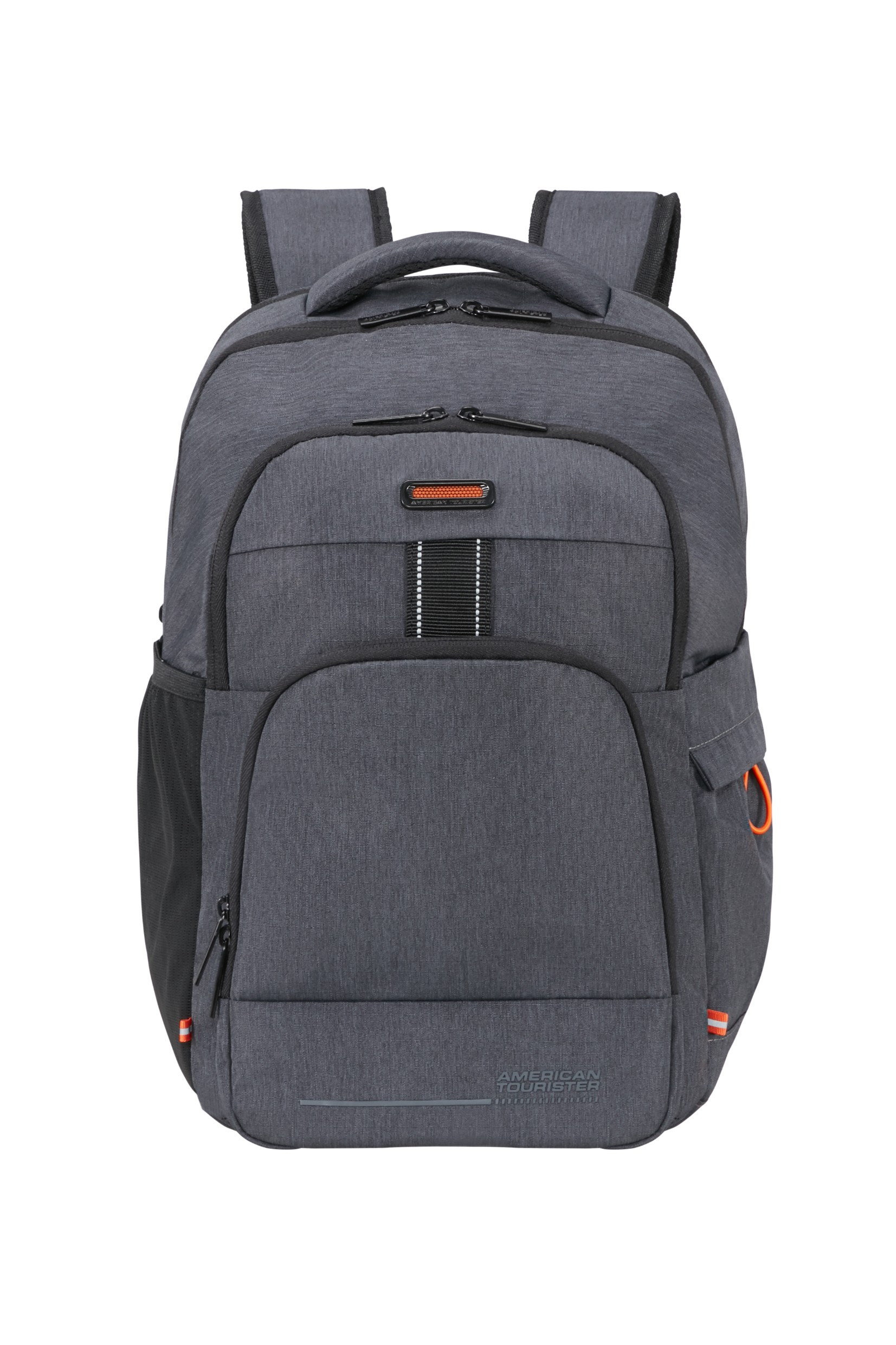 Ciemnoszary plecak American Tourister z wieloma przegrodami i pomarańczowymi akcentami na białym tle.