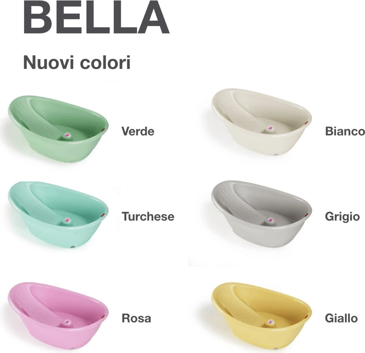 Bañeras para bebés Bella en seis nuevos colores: verde, blanco, turquesa, gris, rosa y amarillo sobre fondo blanco.
