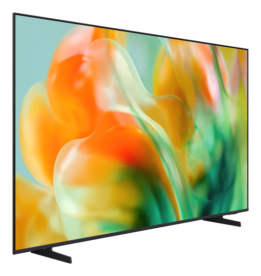 TV a schermo piatto in prospettiva, che mostra una grafica astratta e colorata nei toni arancione, giallo e verde.
