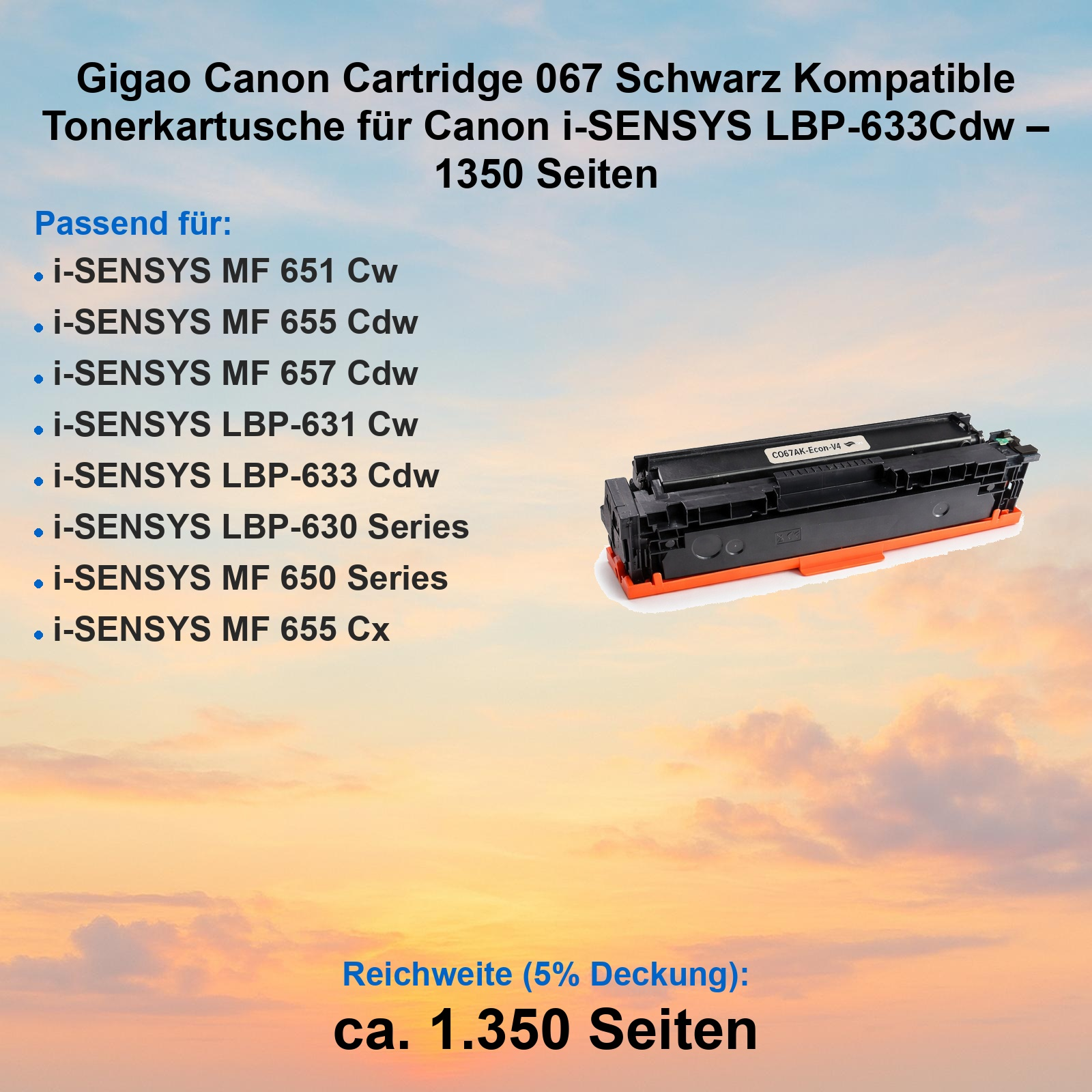 Schwarze Tonerpatrone für Canon Drucker vor einem orangefarbenen Wolkenhimmel mit Text.