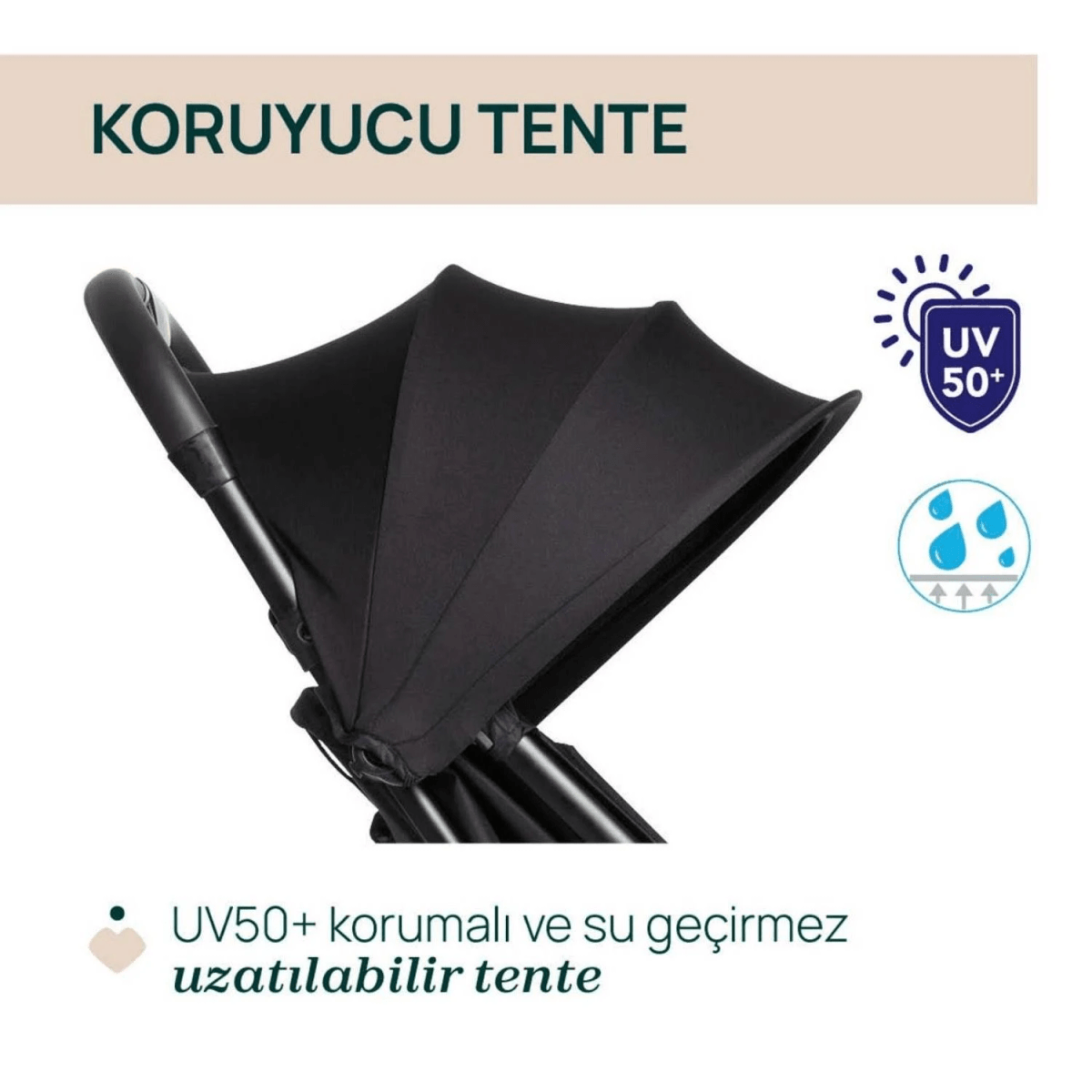 Capota de cochecito extensible negra con protección UV50+ y resistencia al agua.