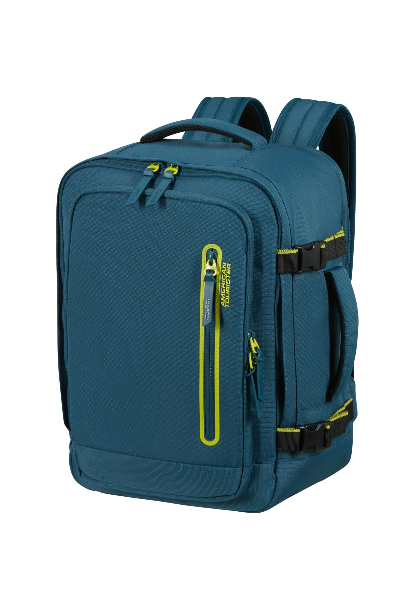 Niebieski plecak American Tourister z żółtymi zamkami i paskami kompresyjnymi na białym tle.