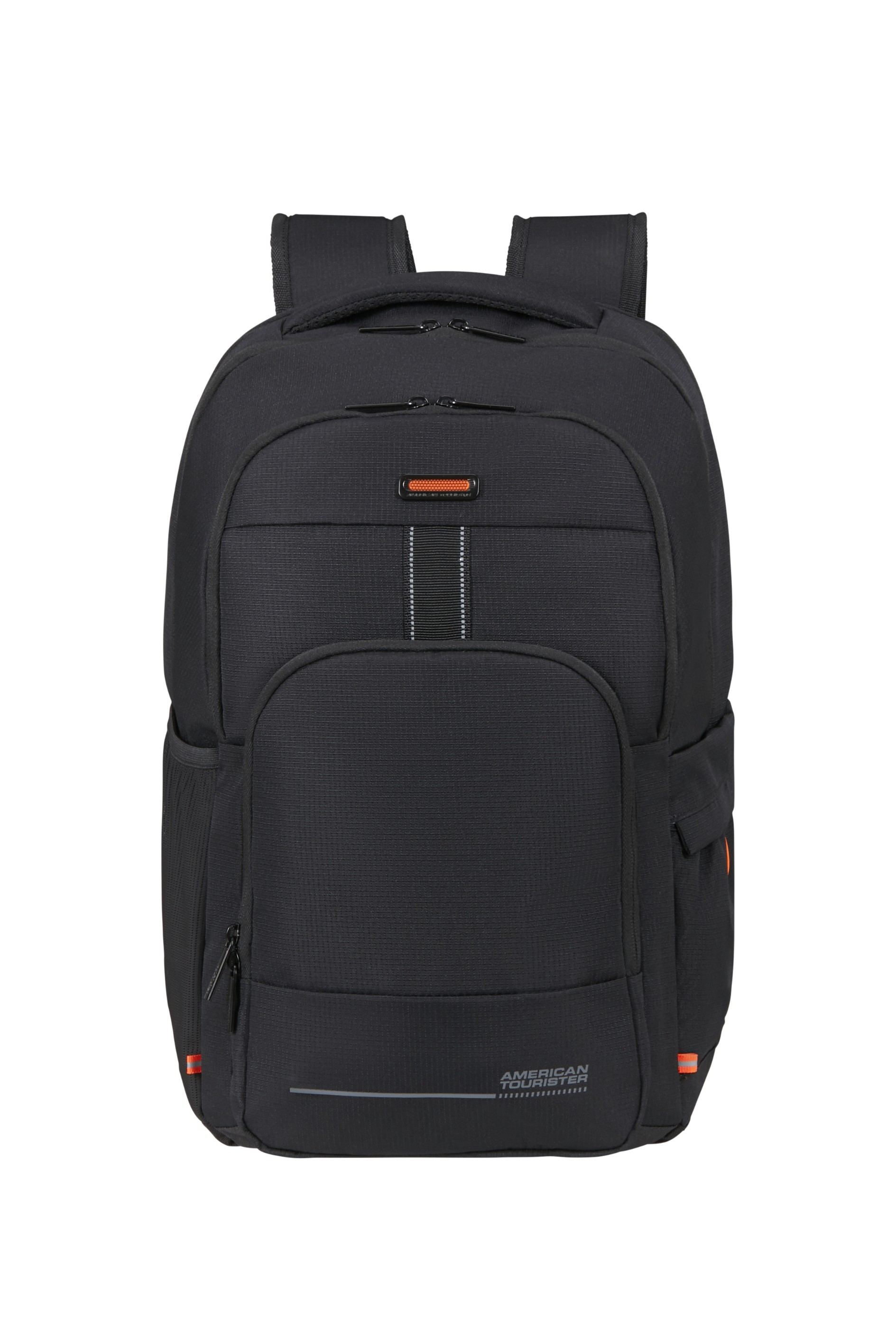 Czarny plecak American Tourister z zamkami i pomarańczowymi akcentami na białym tle.