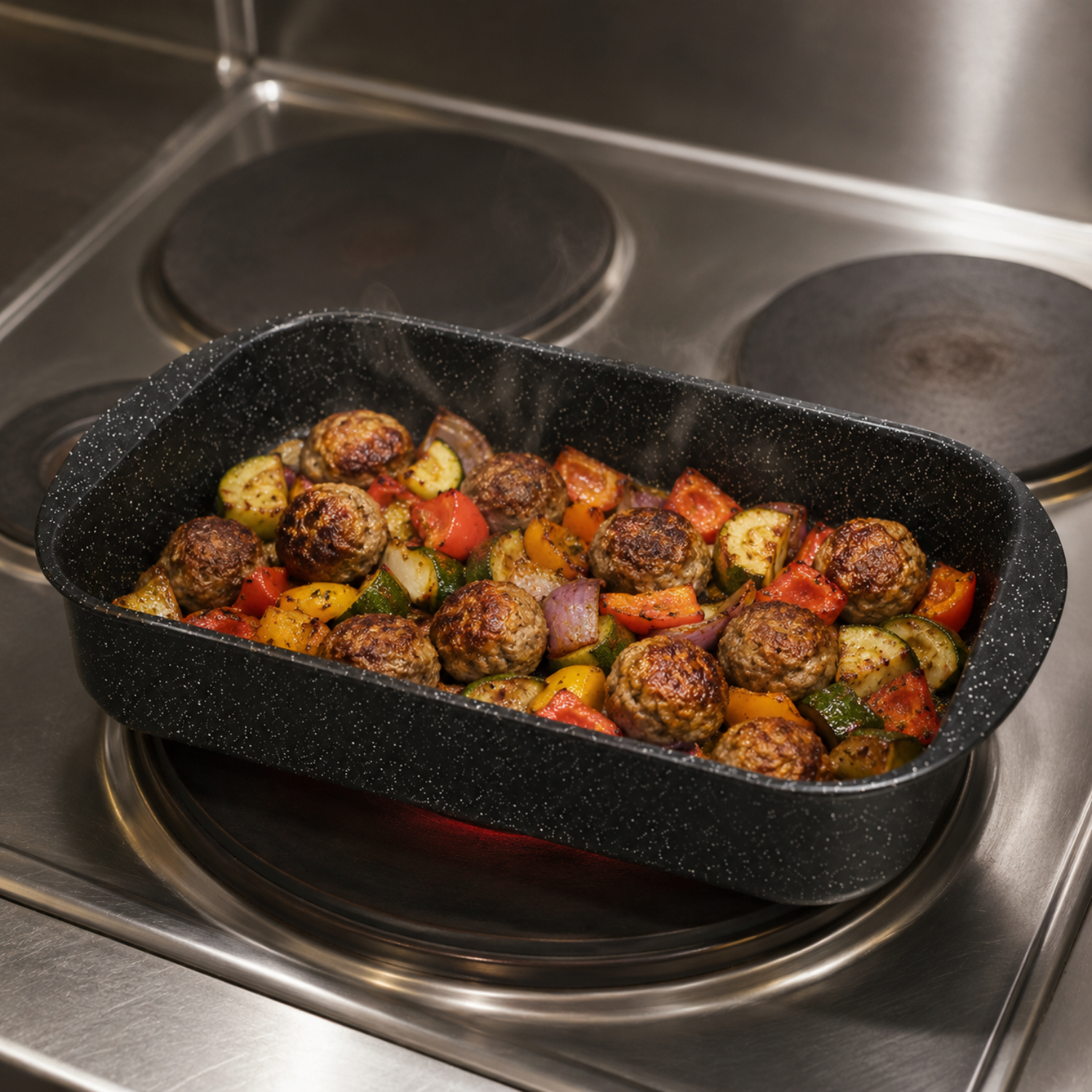 Una teglia rettangolare con polpette e verdure miste si trova su un piano cottura moderno.