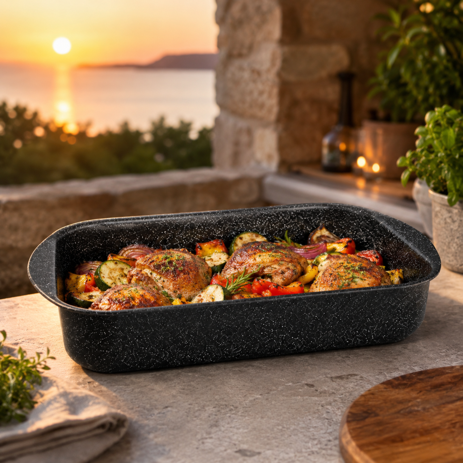 Pollo arrosto e verdure in una teglia nera su un tavolo con vista sul mare al tramonto.