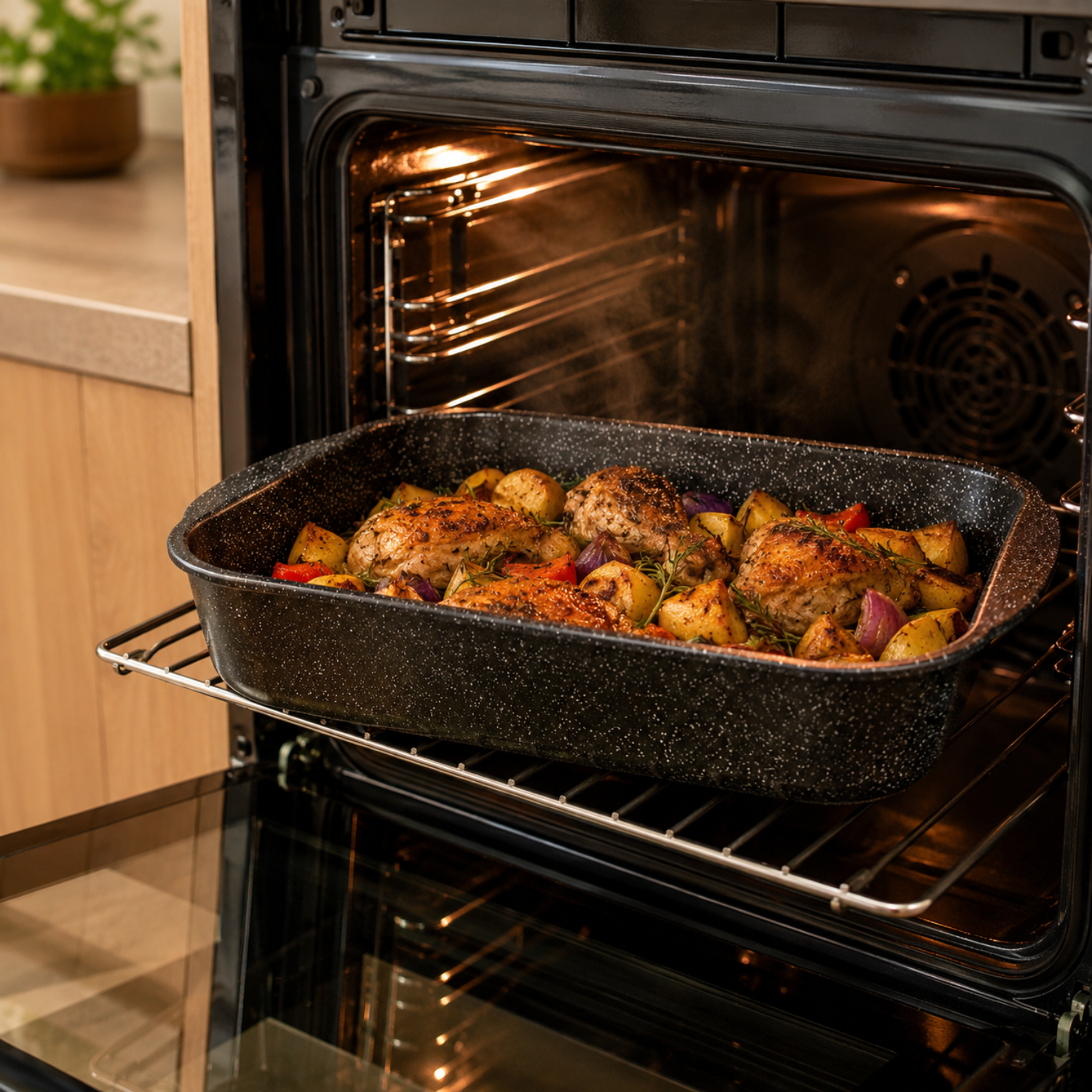Una teglia con pollo arrosto e patate si trova su una griglia del forno.