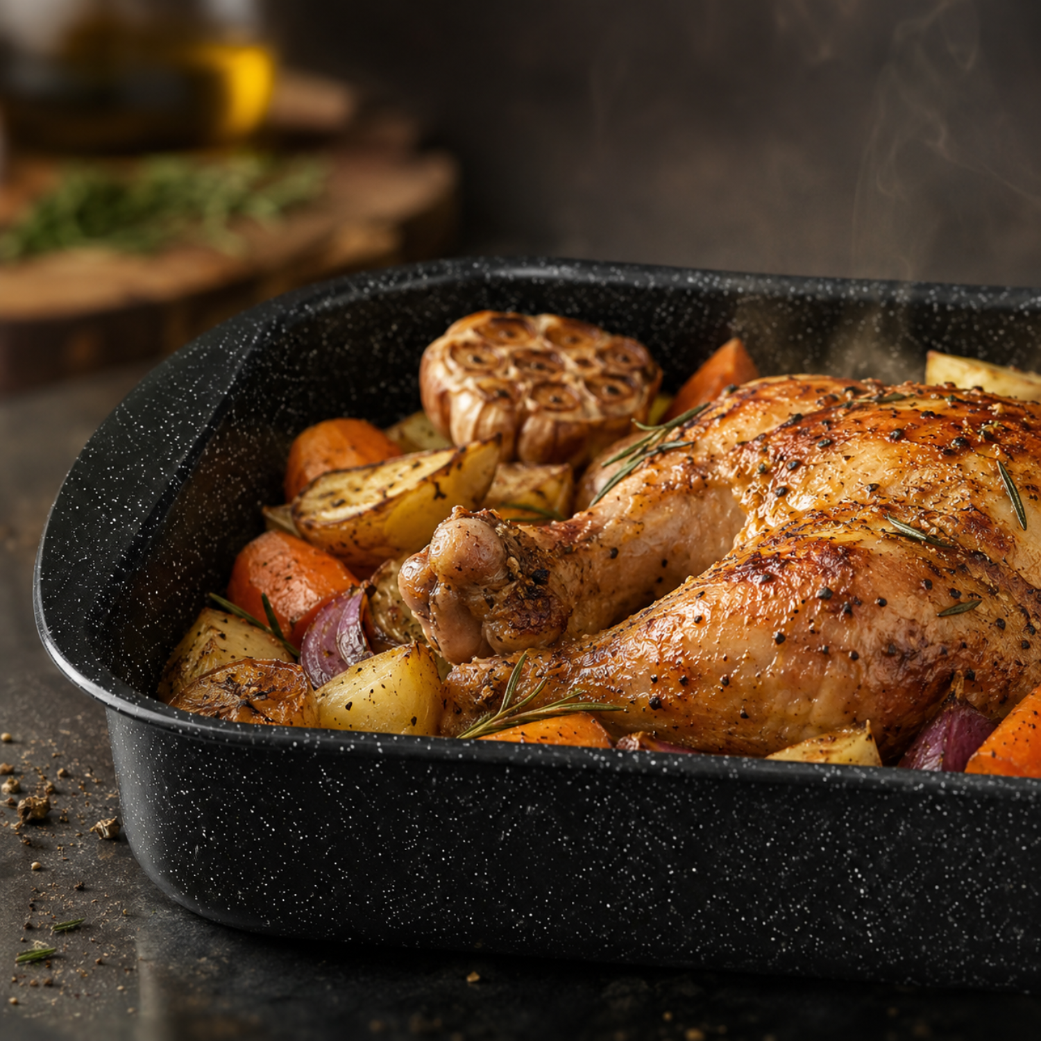 Pollo arrosto con verdure e aglio in una teglia nera.