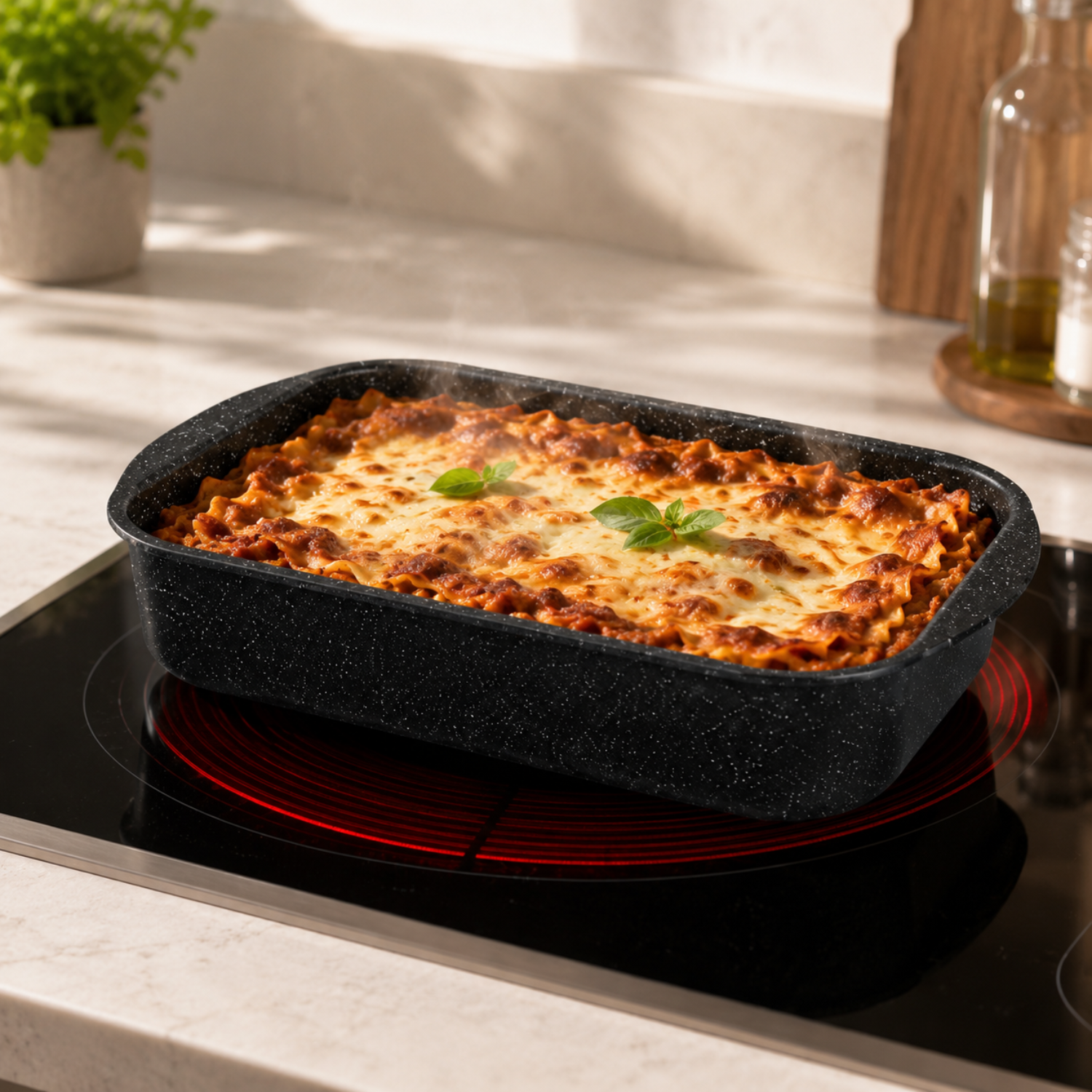 Una lasagna appena sfornata in una teglia nera su un piano cottura rosso.