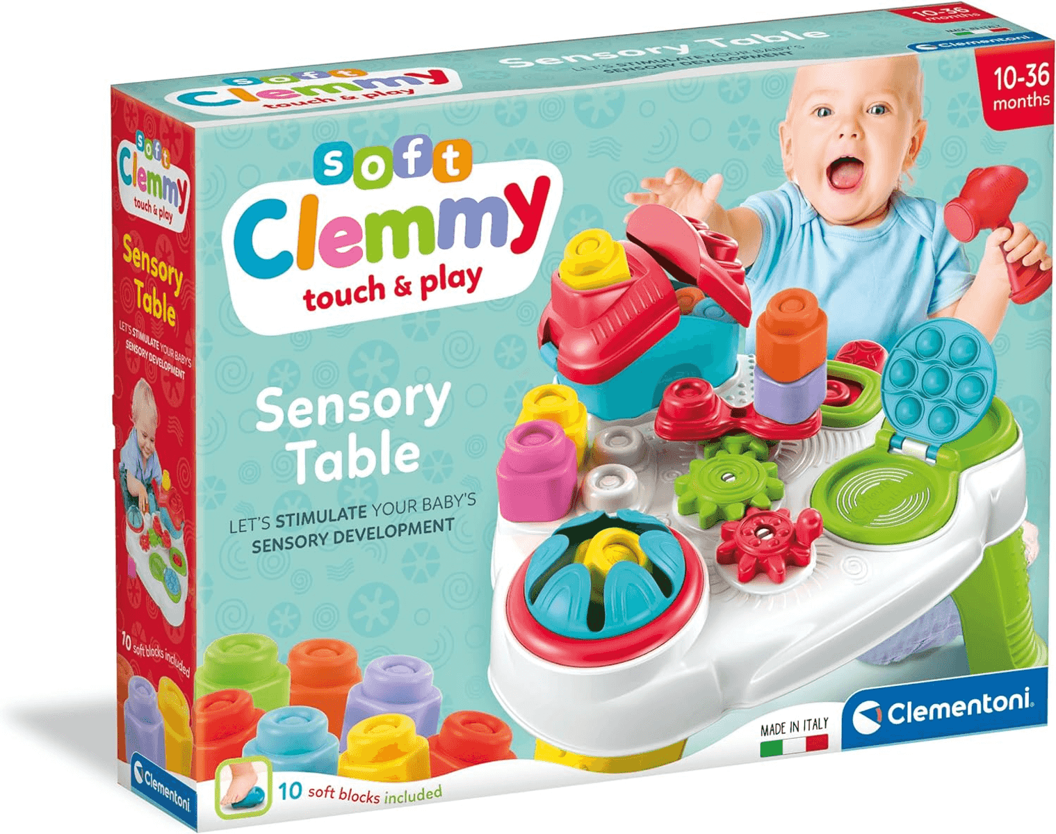 Embalaje de una mesa sensorial Soft Clemmy con bloques de colores y un niño sonriente.
