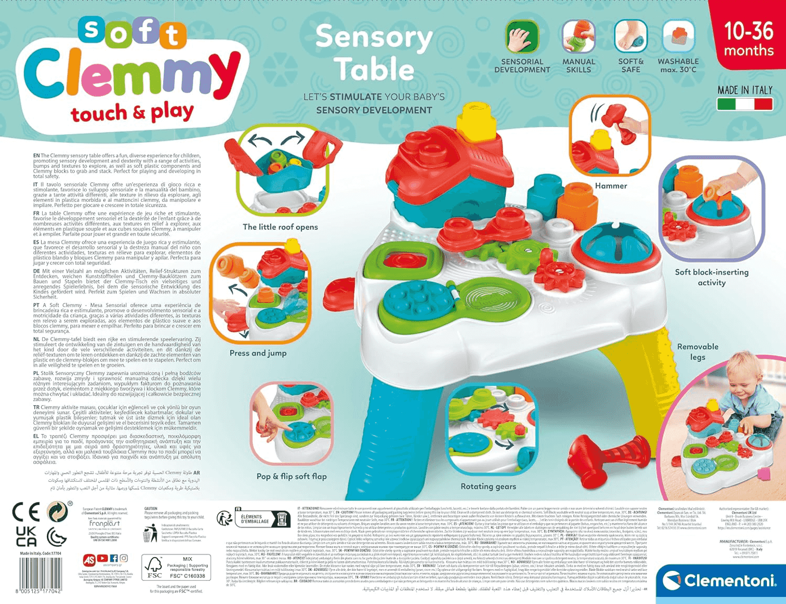 Embalaje del Clementoni Soft Clemmy Sensory Table con bloques coloridos y actividades para bebés.