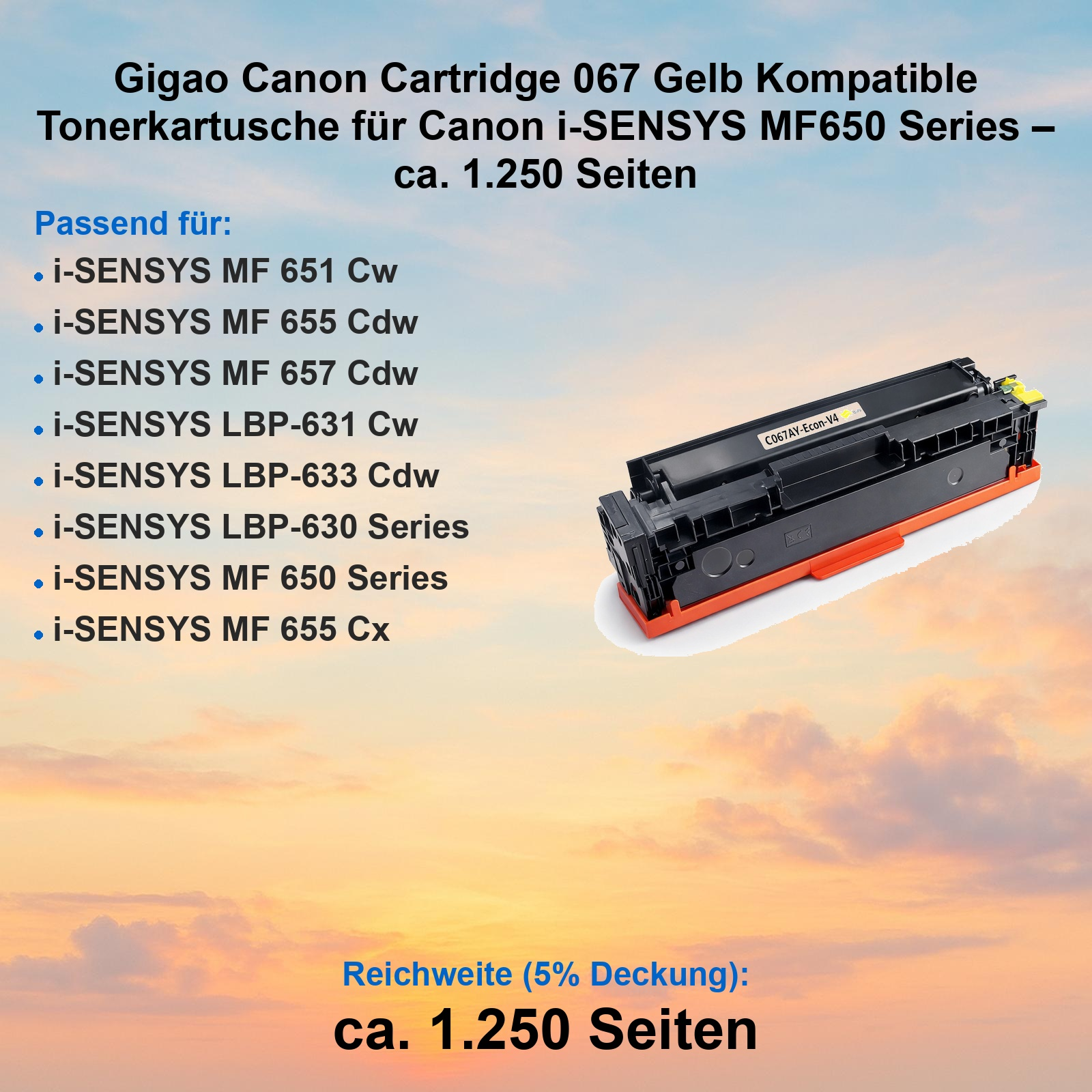 Gelbe Tonerpatrone für Canon i-SENSYS Drucker, mit kompatiblen Druckermodellen und gelber Schutzhülle.