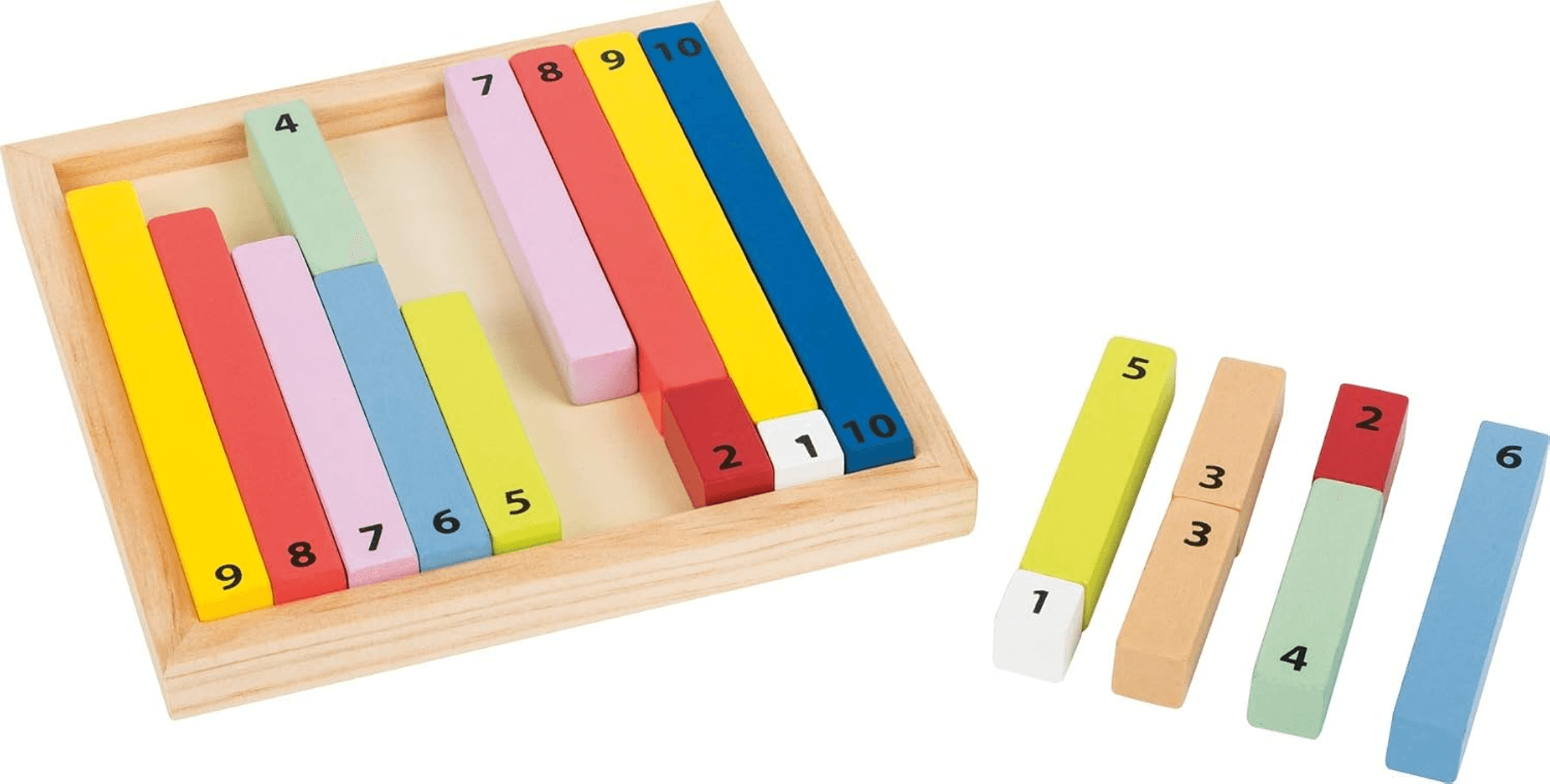 Rompecabezas matemático de madera colorido con bloques numerados en una bandeja.