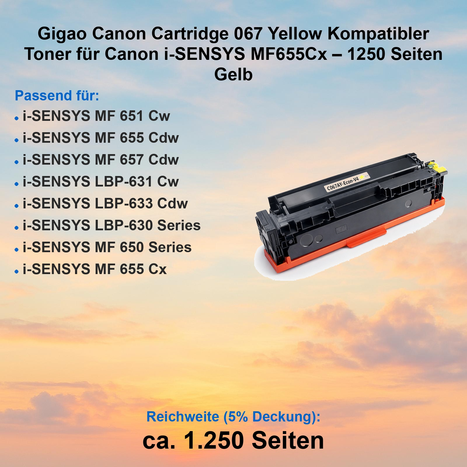 Gelber Toner für Canon Drucker auf orangem Hintergrund mit Text über Kompatibilität.