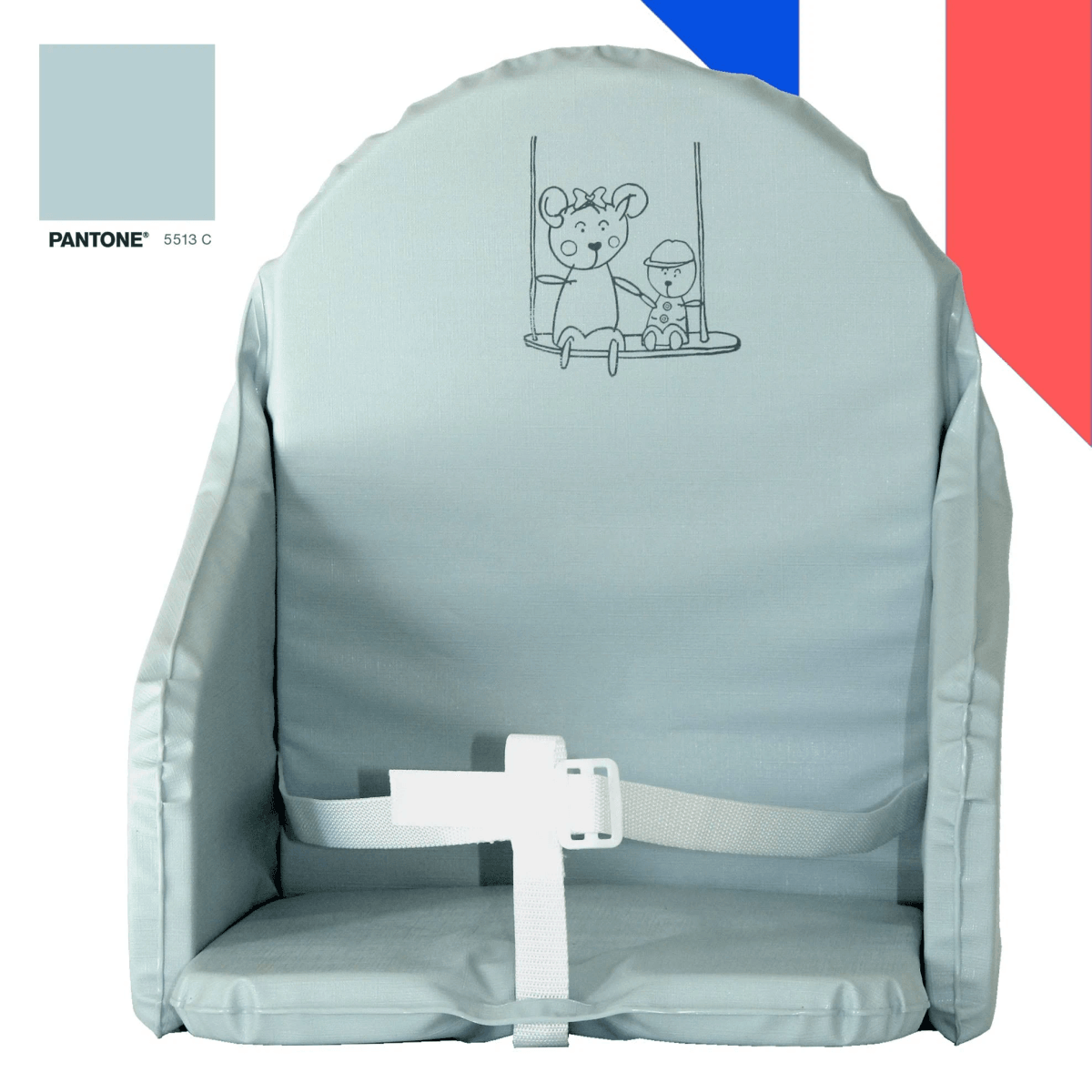 Cojín para trona acolchado en azul claro con correas de seguridad blancas y un lindo dibujo de ratón.